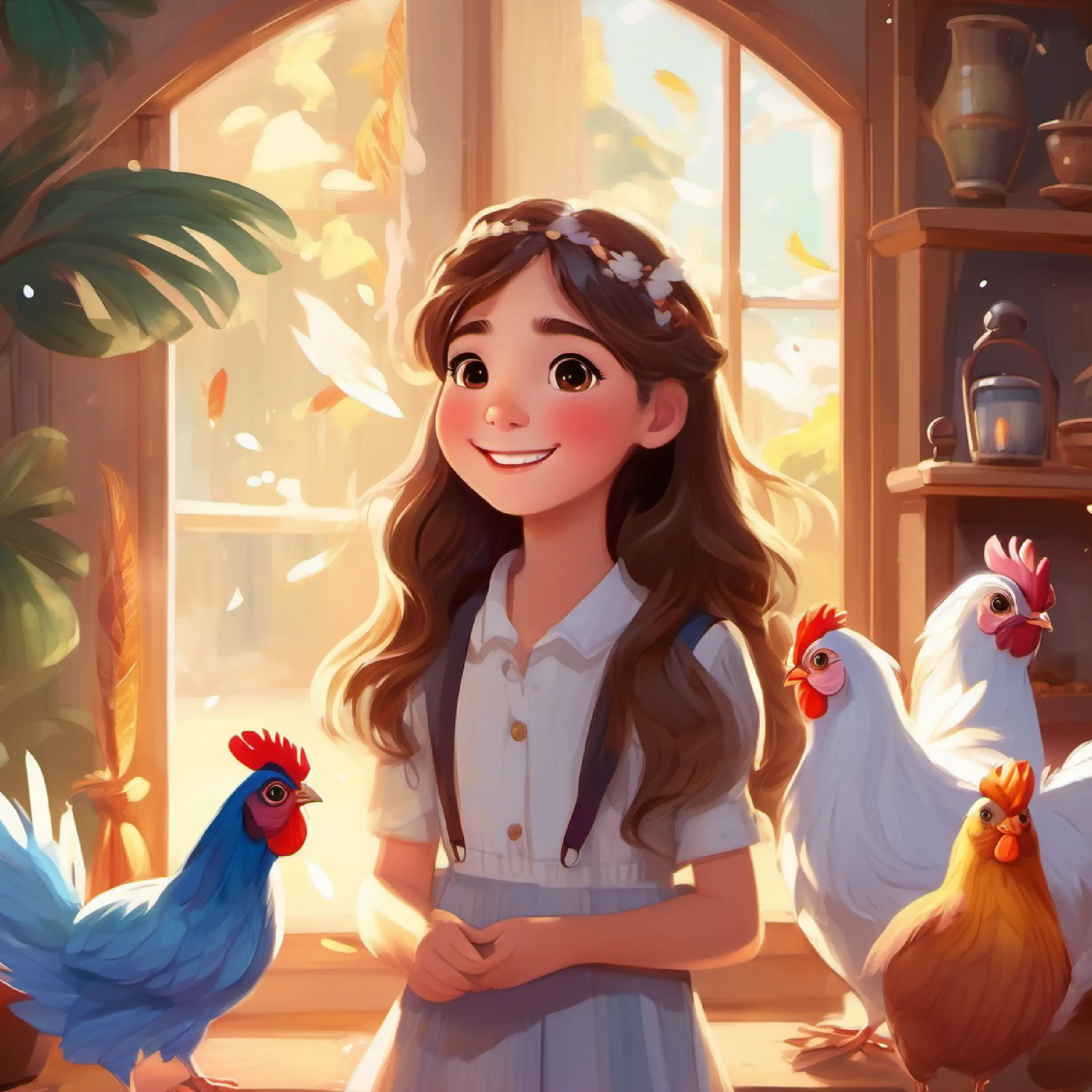 Introduction to Petite girl, long brown hair, big brown eyes, always smiling and Fluffy white hen with iridescent feathers and twinkling black eyes in their home, the missing rainbow is noticed.