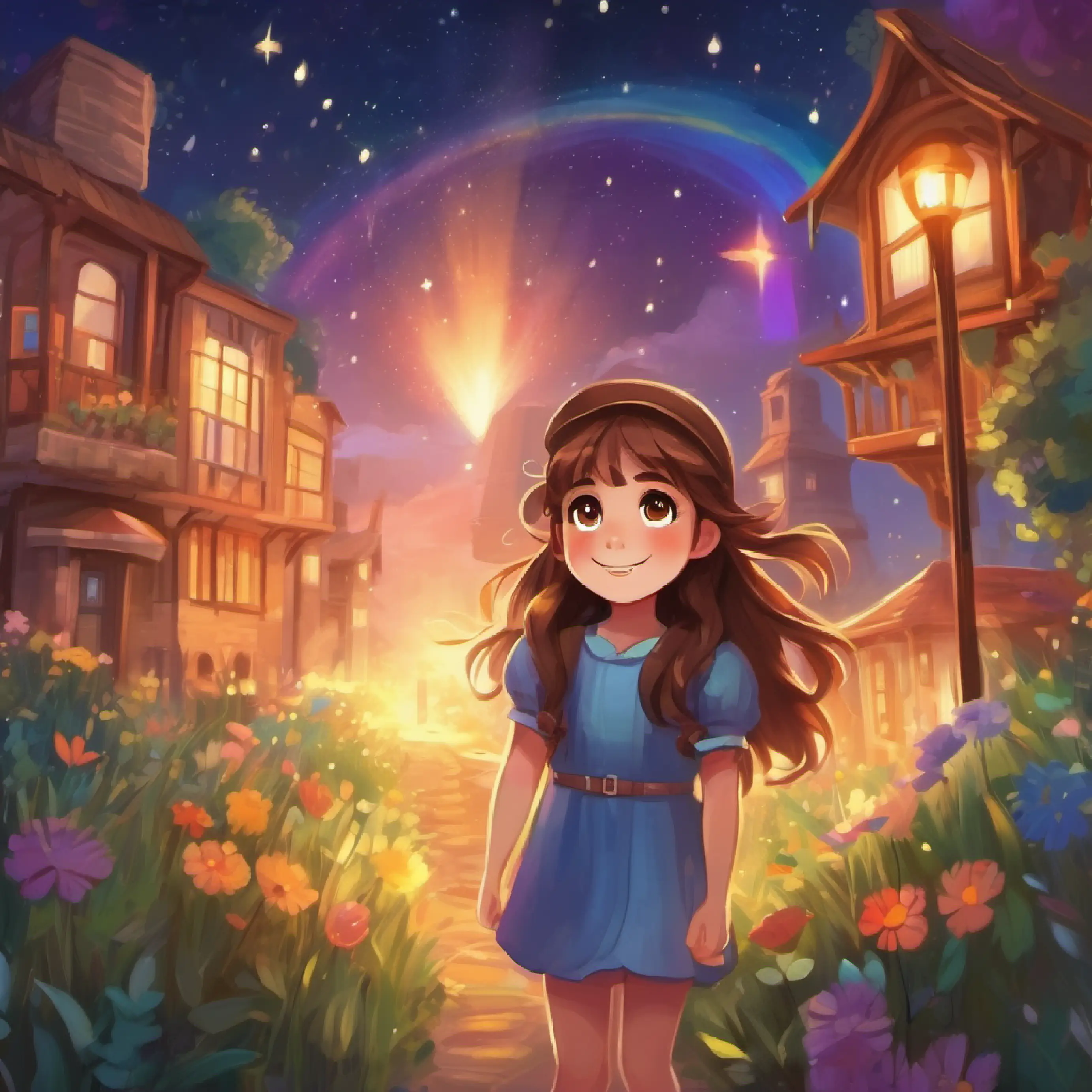 Petite girl, long brown hair, big brown eyes, always smiling decides they'll find the rainbow, they start their quest under starry sky.