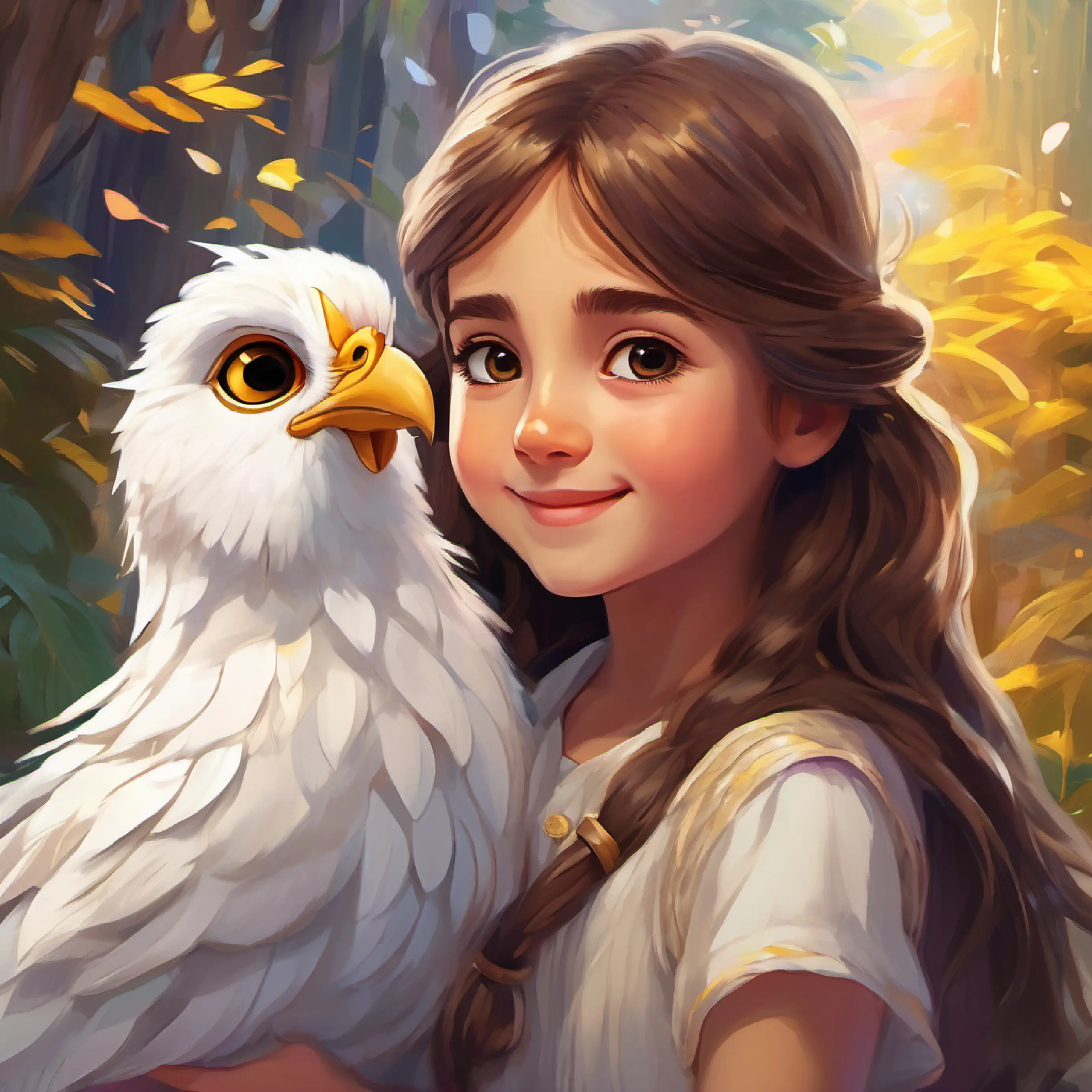 Petite girl, long brown hair, big brown eyes, always smiling and Fluffy white hen with iridescent feathers and twinkling black eyes consult Old wise owl with grey feathers and knowing yellow eyes for advice on finding the rainbow.