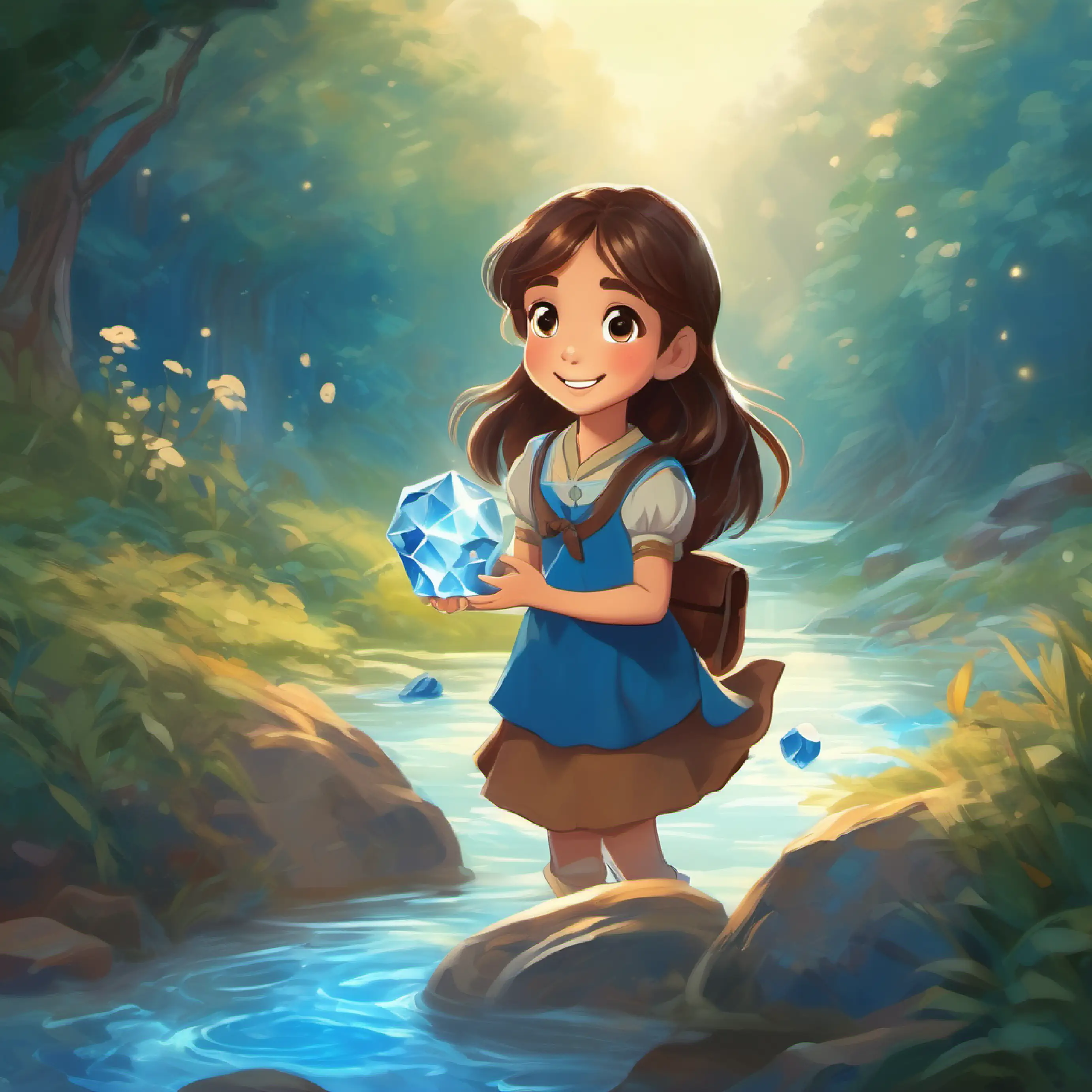 Petite girl, long brown hair, big brown eyes, always smiling bravely retrieves the Blue Crystal from the singing brook.