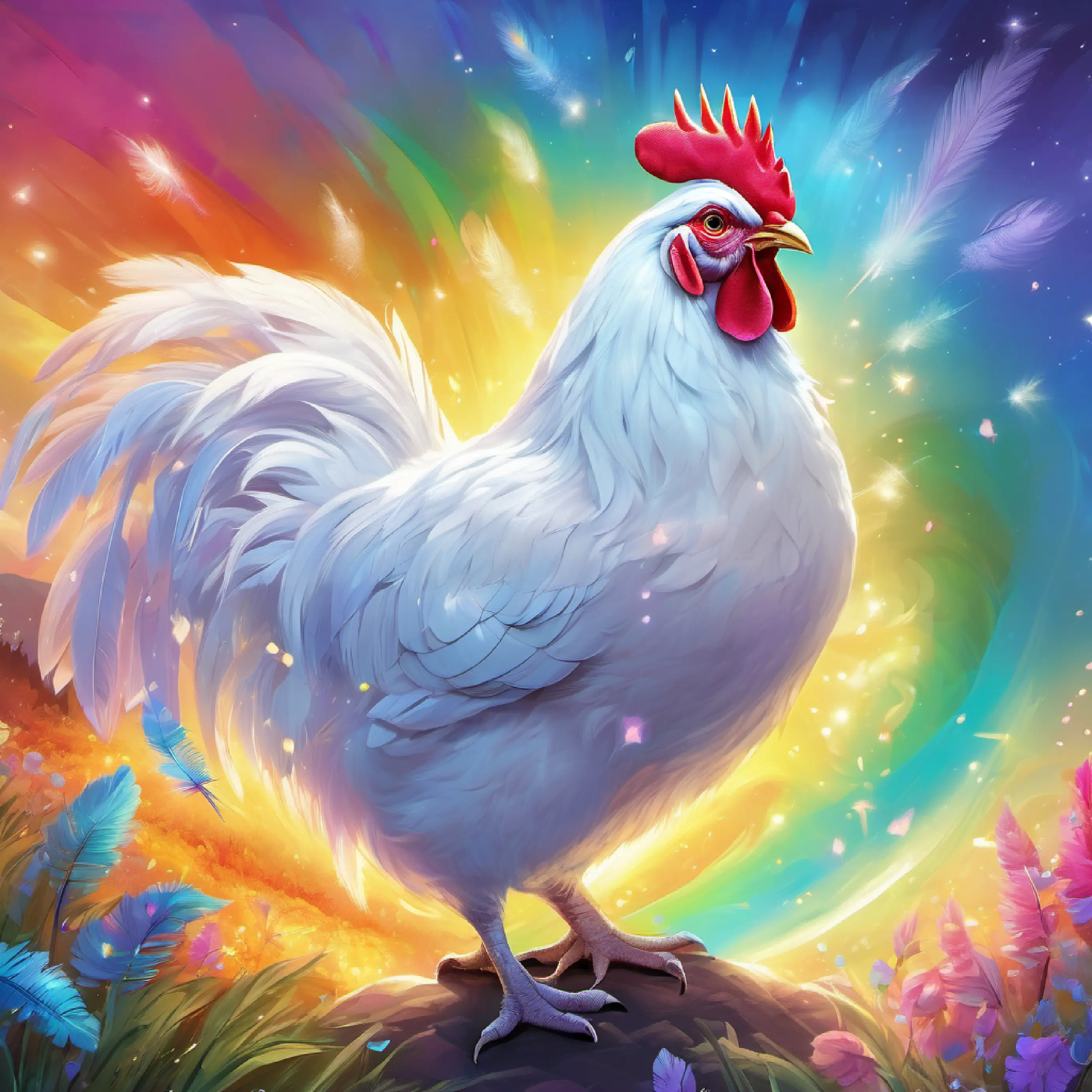 Fluffy white hen with iridescent feathers and twinkling black eyes's magic with the crystals restores the rainbow, valley celebrates.