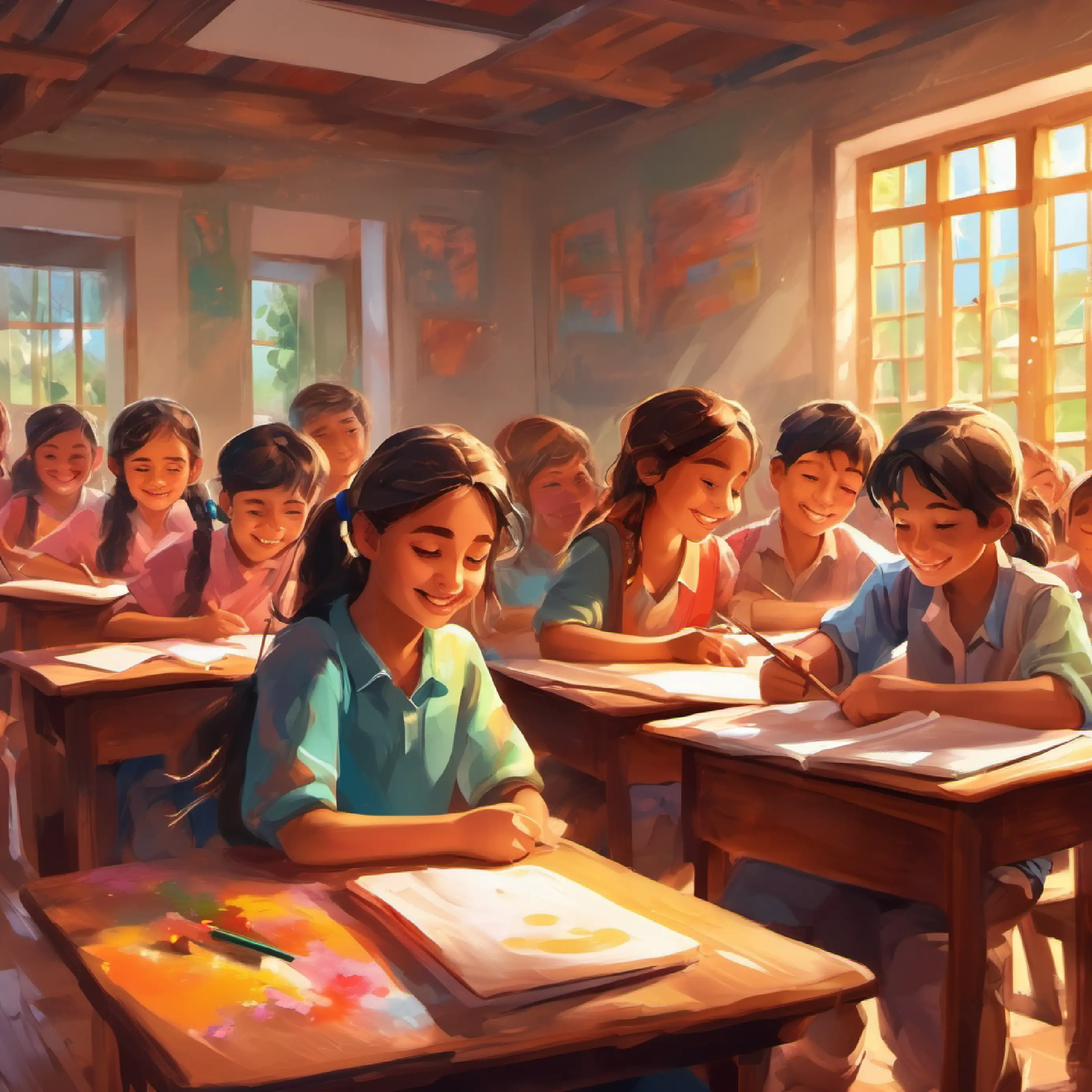 End of exams in a classroom, happy children discussing Holi plans.