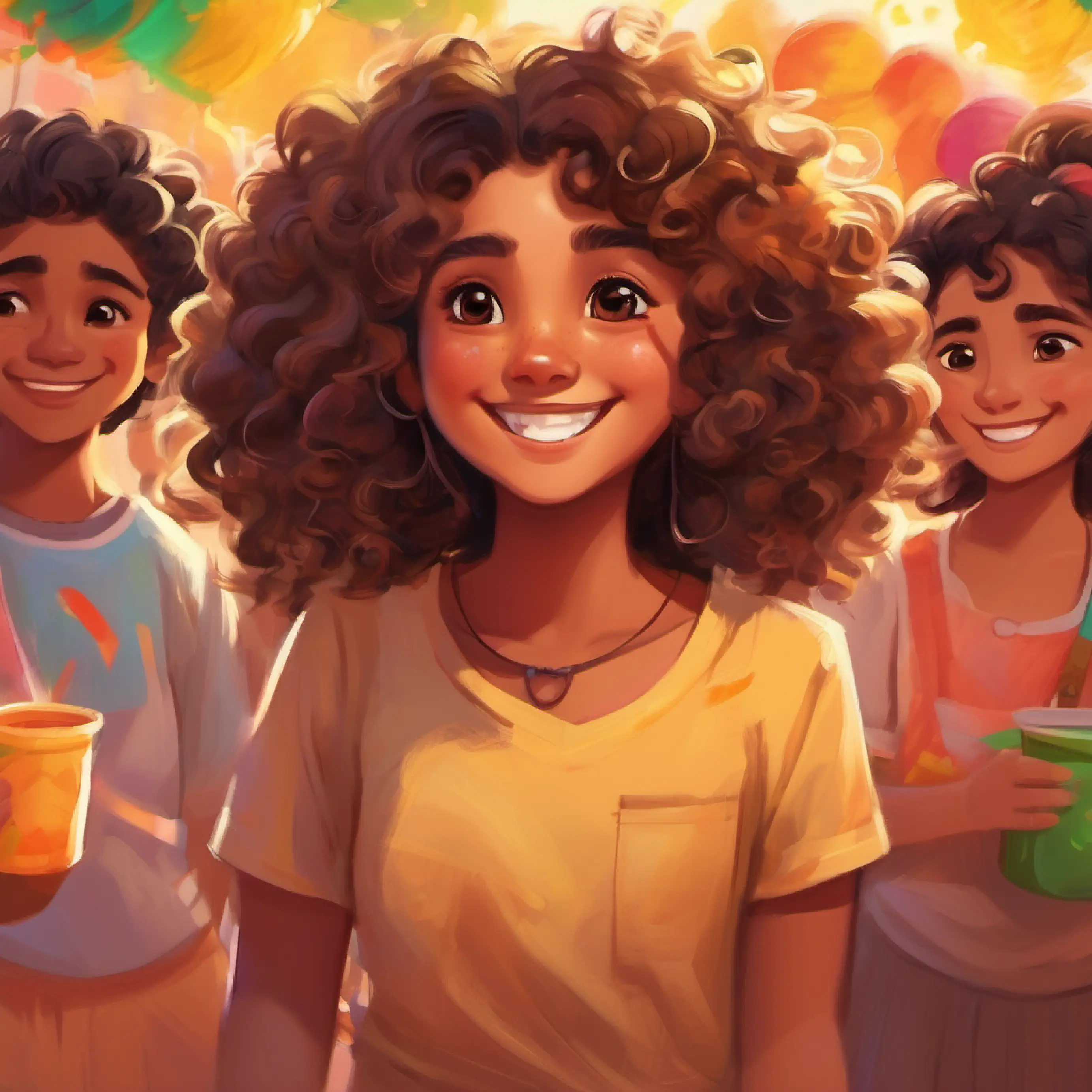 Curly hair, large brown eyes, always wearing a big smile preparing for Holi, friends arriving to celebrate.