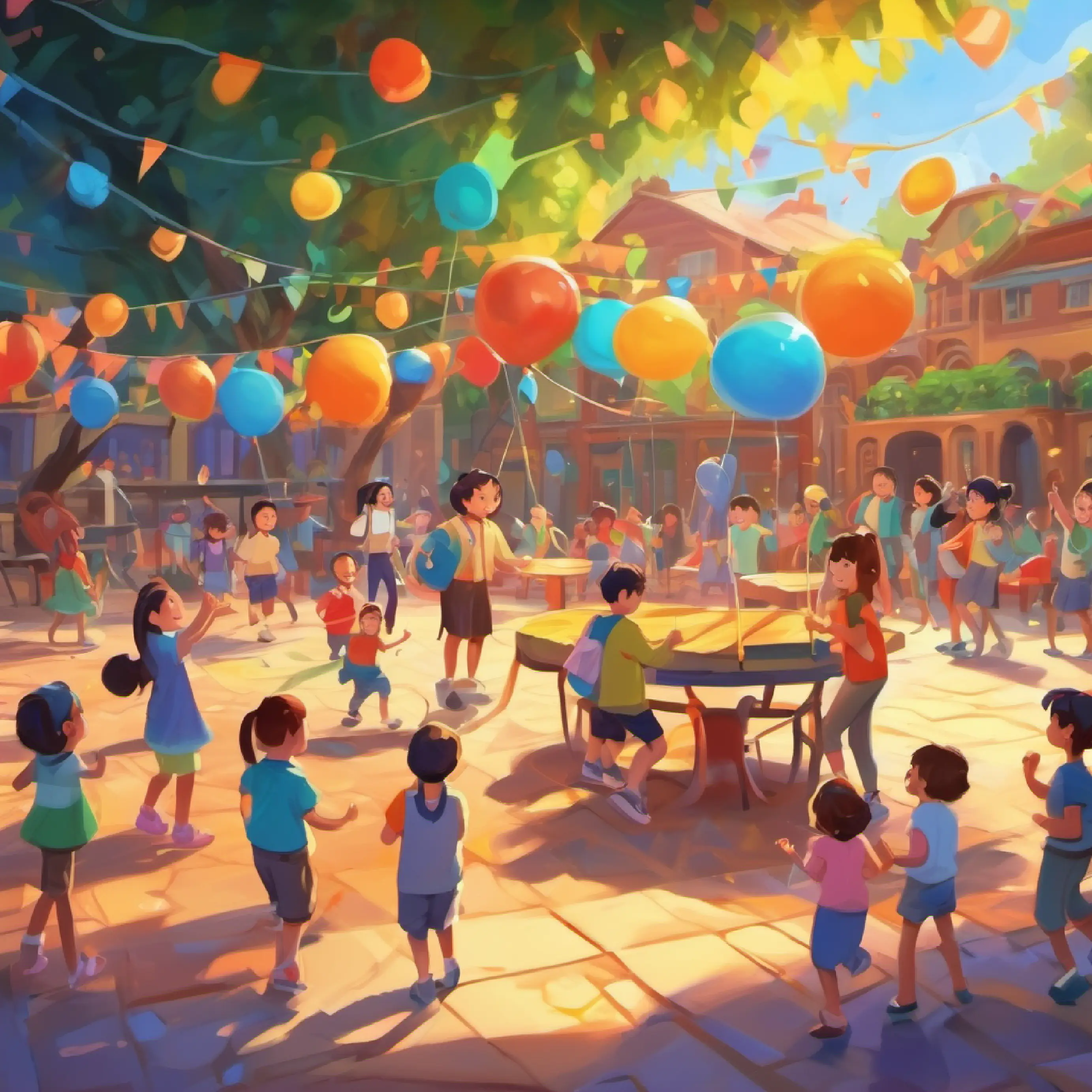 Colorful celebration at the playground, students and teachers interacting joyfully.