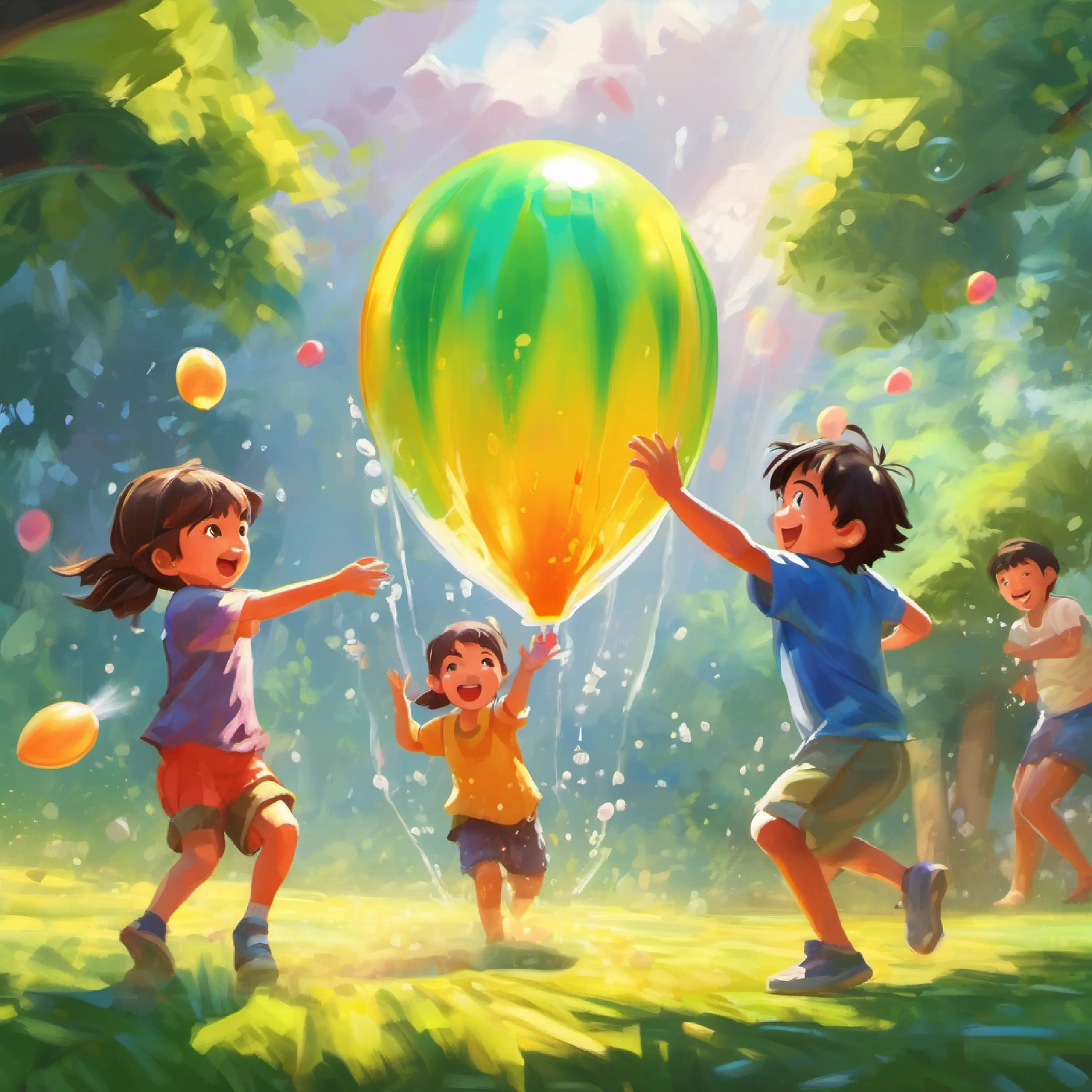 Playful water balloon fight starts among the children.