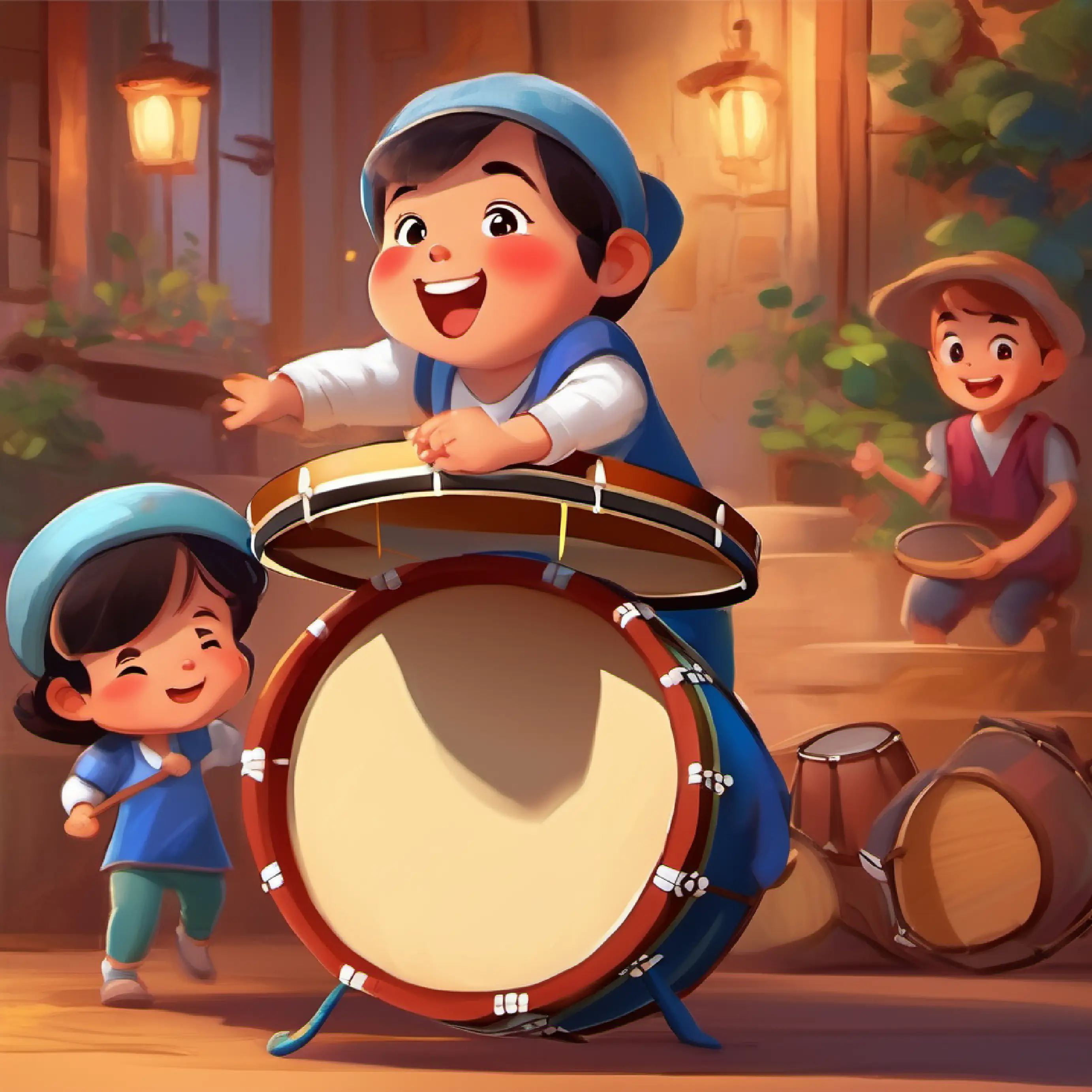 Short, chubby cheeks, friendly dark eyes, carrying a drum playing the drums, children dancing to the rhythm.