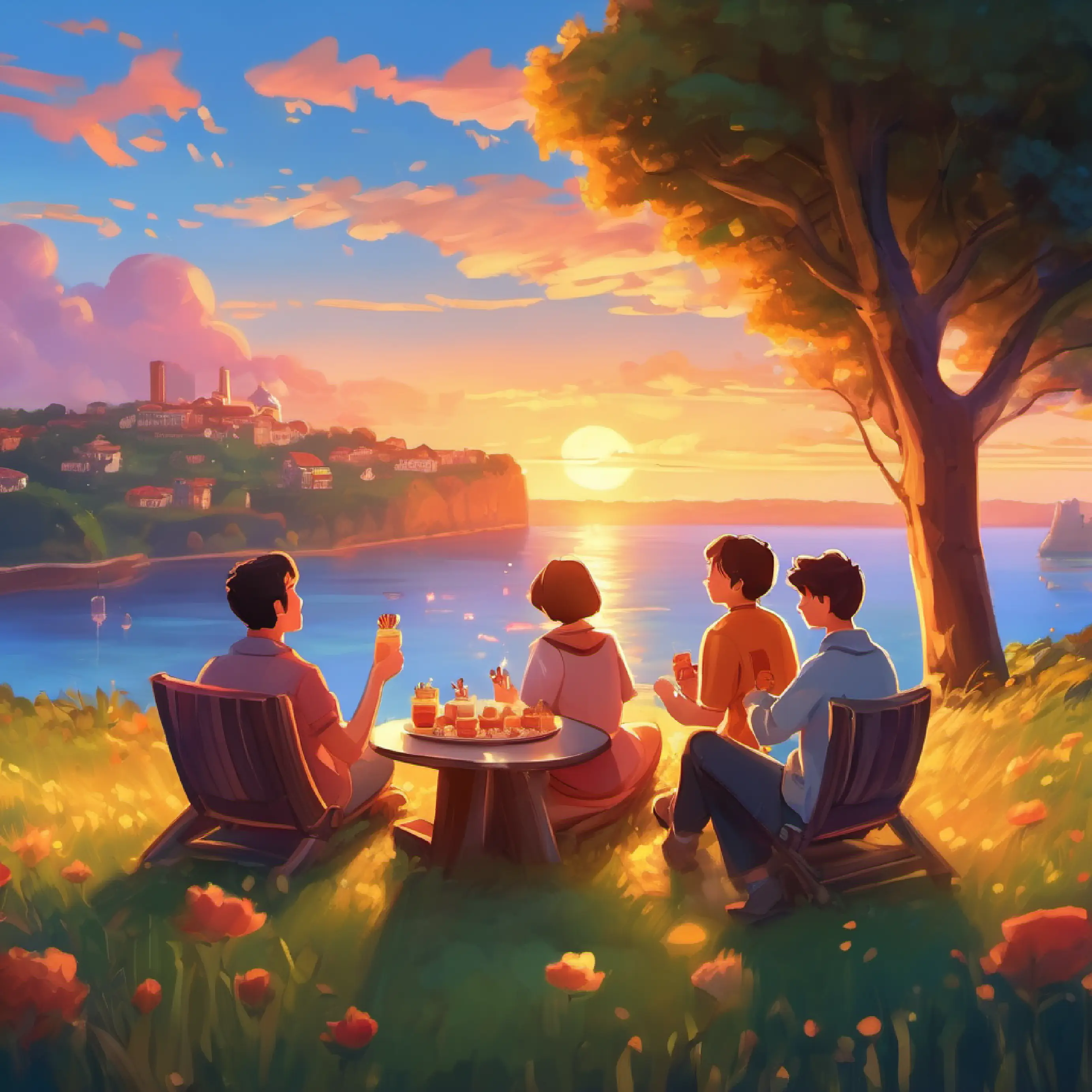 Friends enjoying treats, watching sunset, and promising future celebrations.