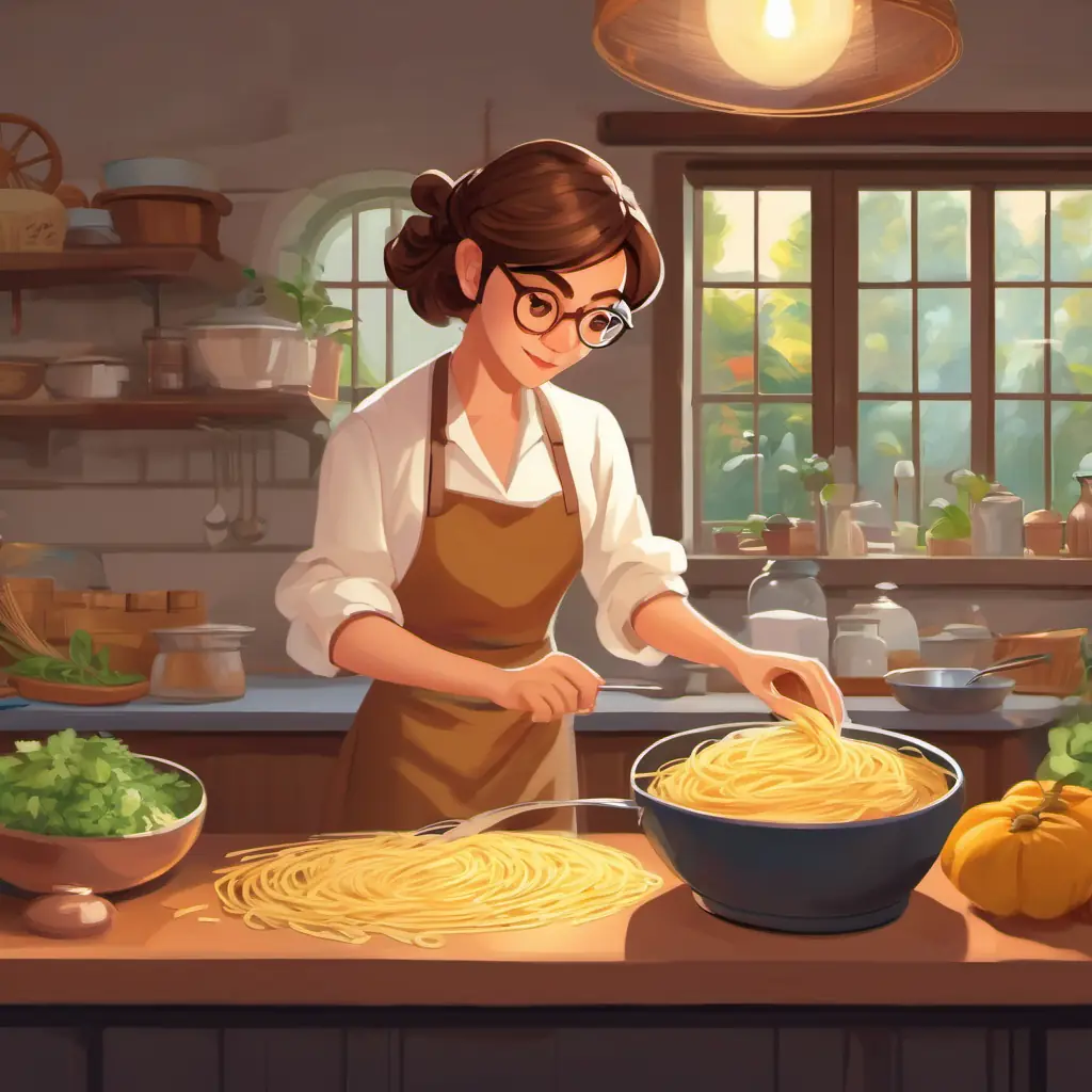 Short light brown hair, wears glasses, light skin, dark eyes preparing ingredients for pasta, thoughtful.