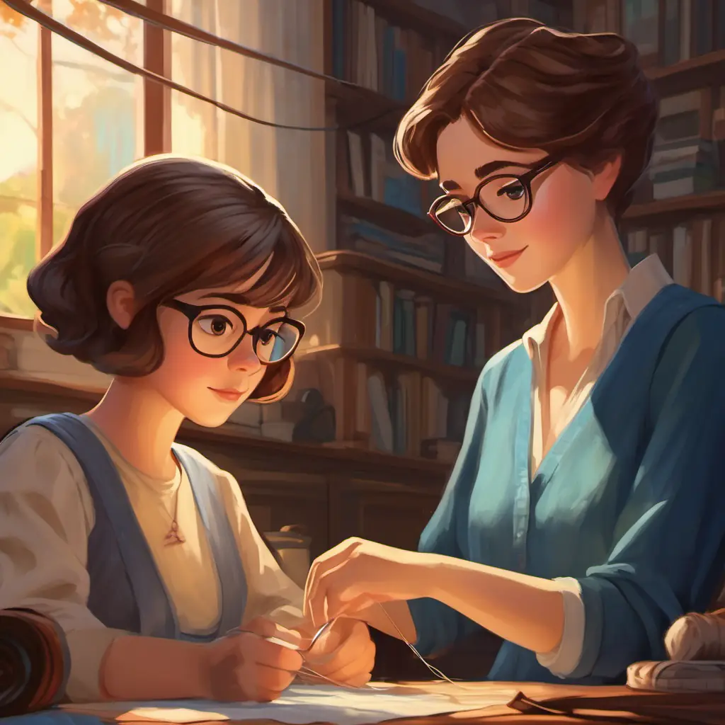 Sewing together, Short light brown hair, wears glasses, light skin, dark eyes struggles, assisted by Medium length brown hair, blue eyes, light skin.