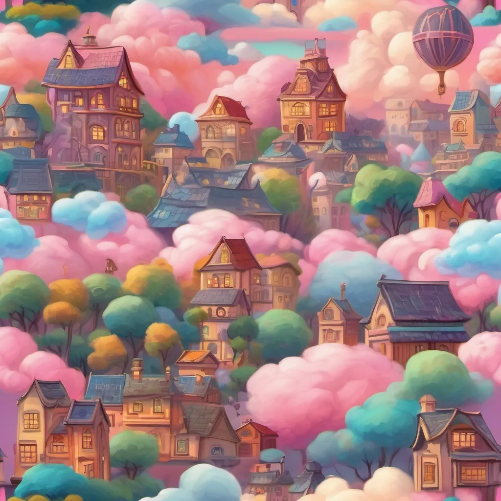 An imaginative landscape with colorful clouds of cotton candy floating over a whimsical town.