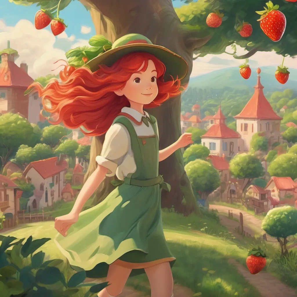 A whimsical town with trees wearing hats and grass dancing, a young girl with strawberry-red hair.