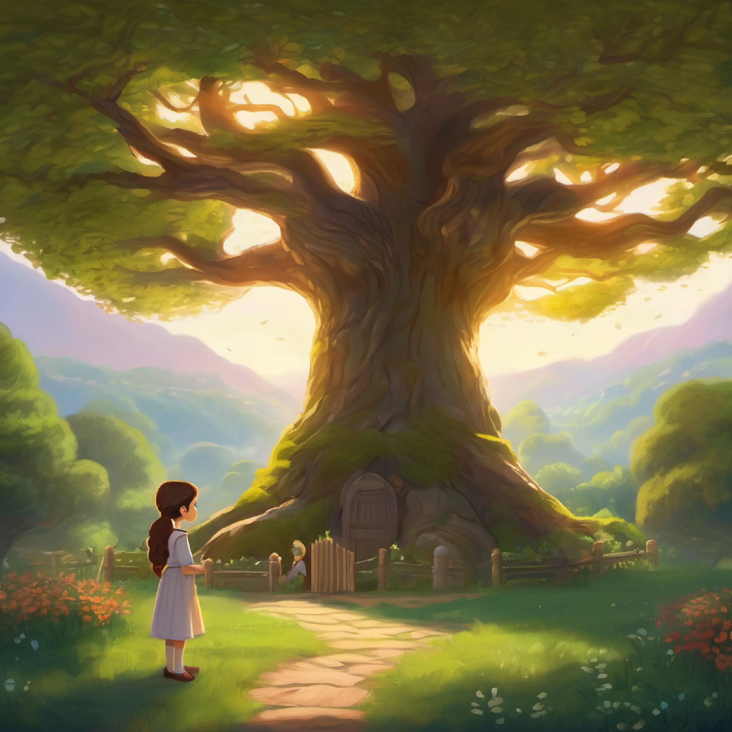 Introduction to Wise old tree in Emma's backyard, always listening and giving advice, the wise old tree, and A young girl with bright eyes and a love for painting’s trusted friend.