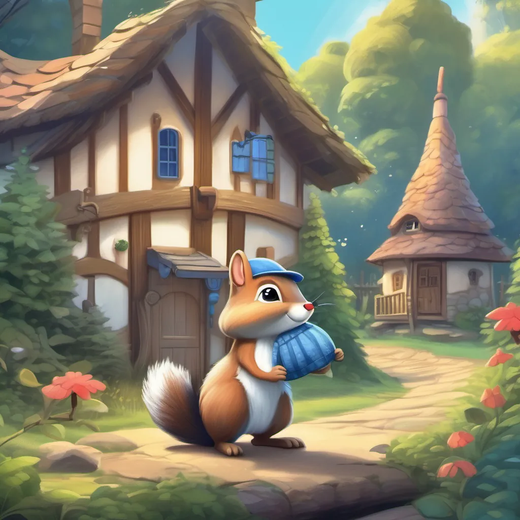 A whimsical squirrel wearing a blue cap outside a cozy cottage on the edge of a magical forest.