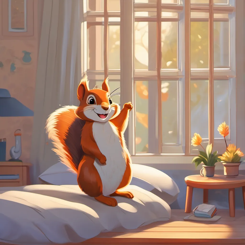 A smiling squirrel waking up in bed with the morning sun shining through the window.