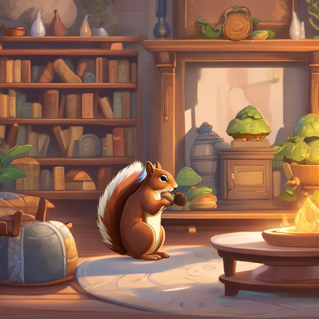 A squirrel and a turtle sitting by a cozy fireplace with a golden acorn displayed on a shelf.