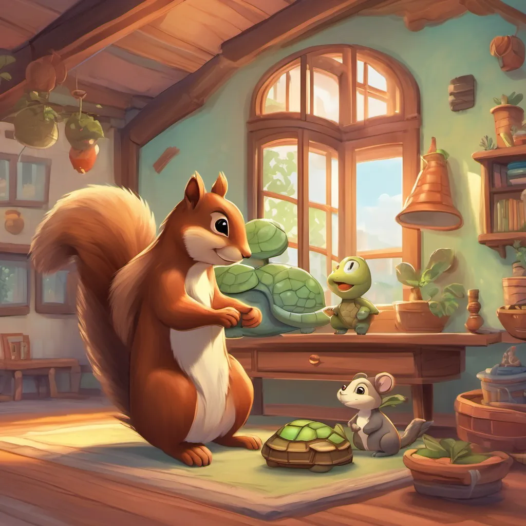 A squirrel and a turtle smiling at each other in a cozy house, remembering their wonderful adventure.