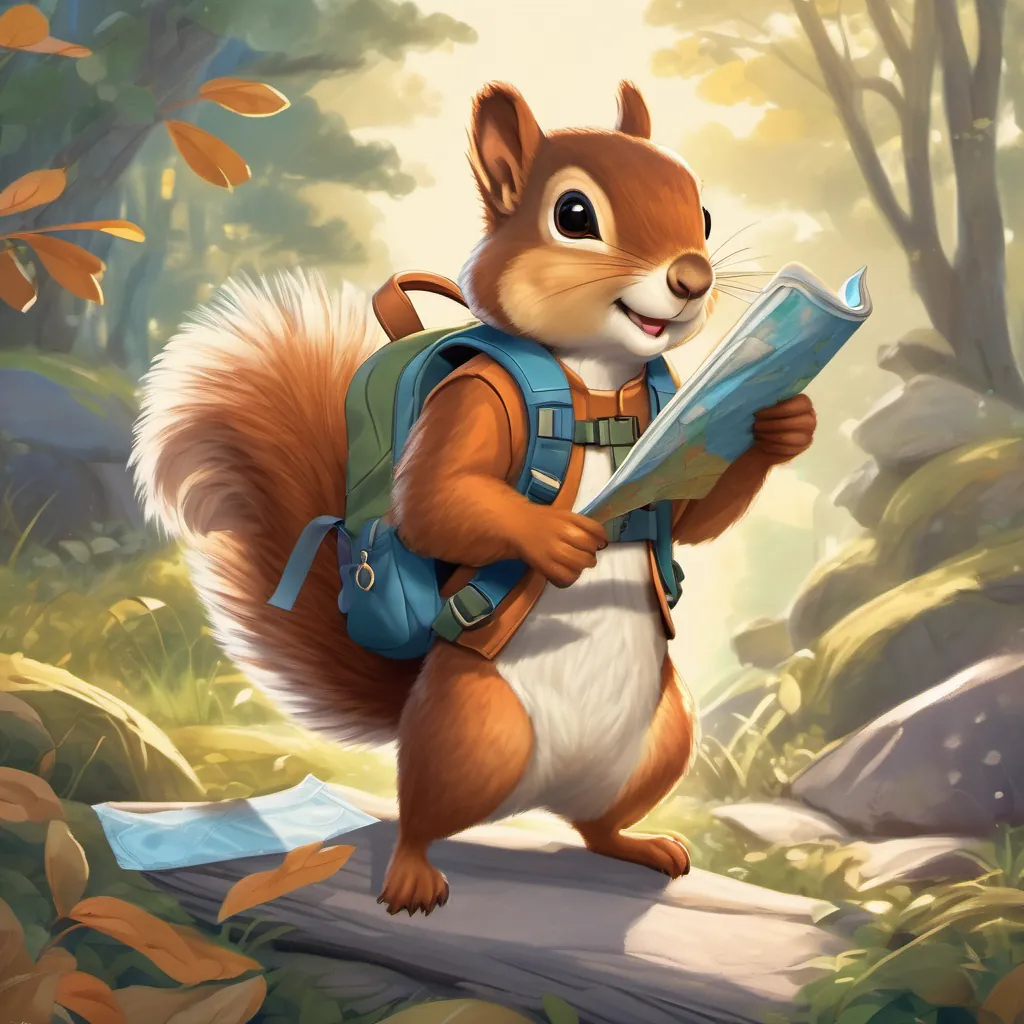 A squirrel with a small backpack, holding a map and magnifying glass, ready for adventure.