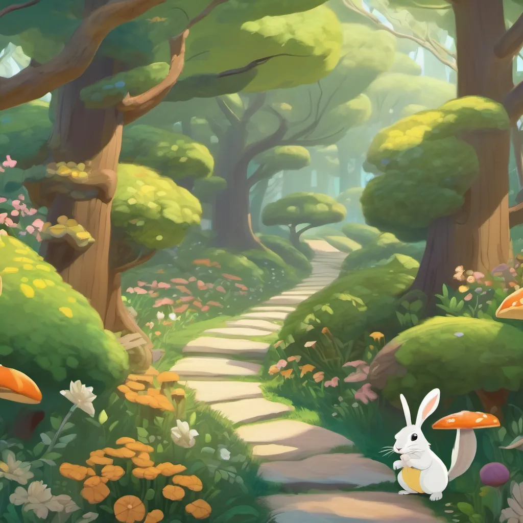 A winding forest path filled with bunnies, birds, and bees around a squirrel.