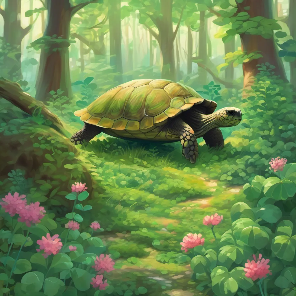 A turtle munching clover behind a bush in a magical forest.