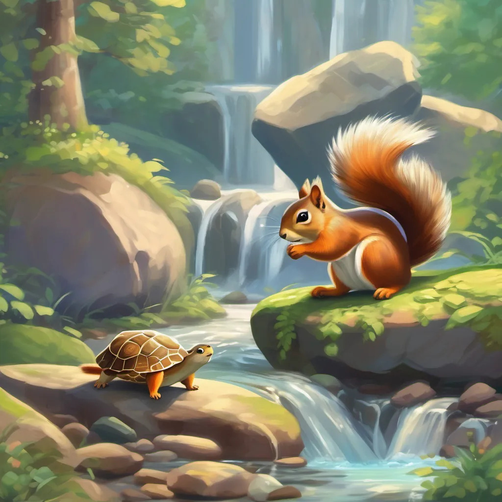 A squirrel and a turtle crossing a sparkling stream and climbing rocks.