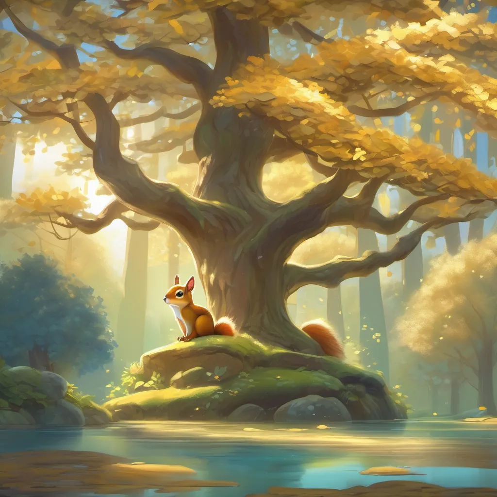 A tall, golden-shimmering tree with whispering leaves and a squirrel and turtle at its base.