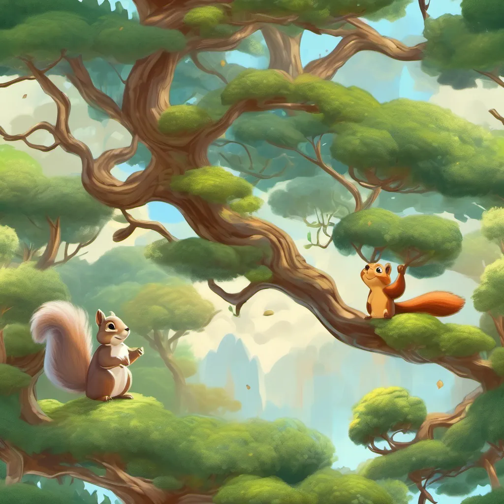 A squirrel and a turtle climbing a tall tree with shimmering branches.