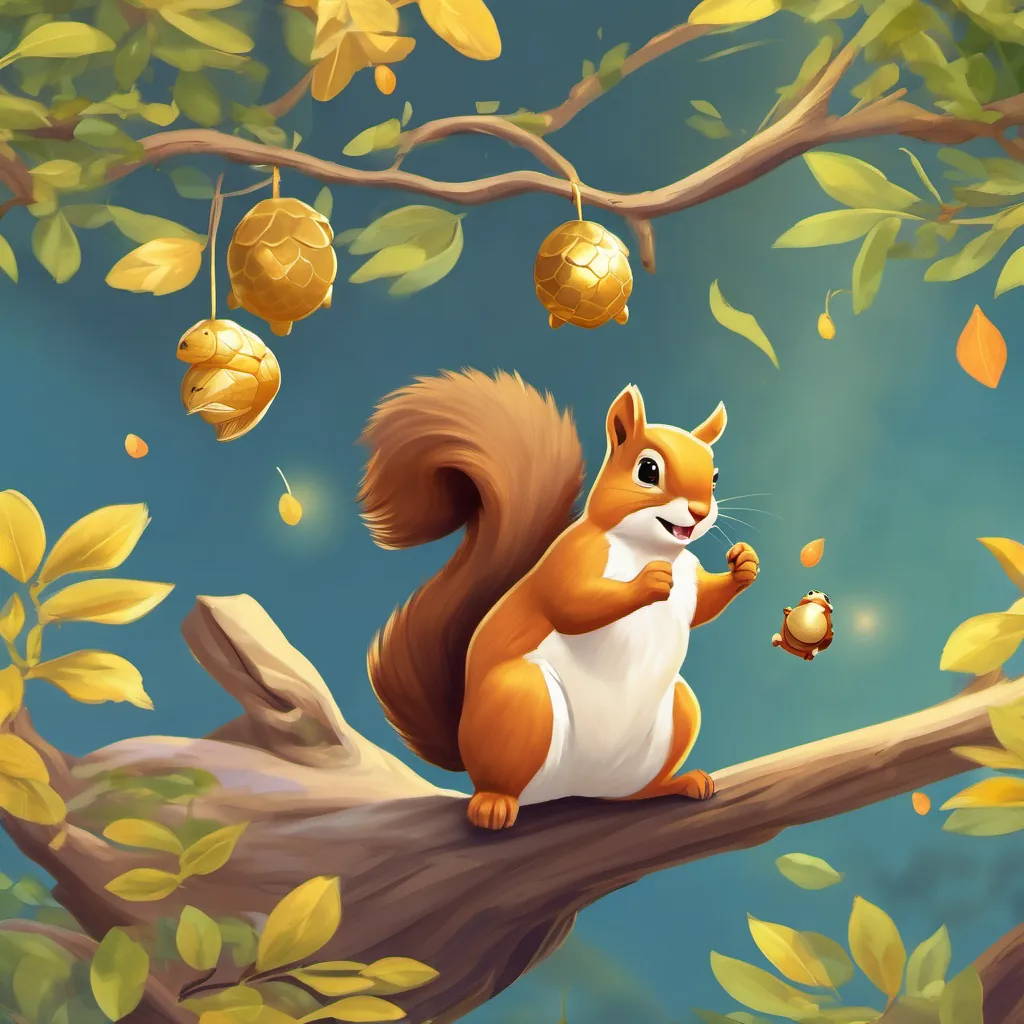 A squirrel and a turtle holding a golden acorn high up in a tree. They are cheering gleefully.