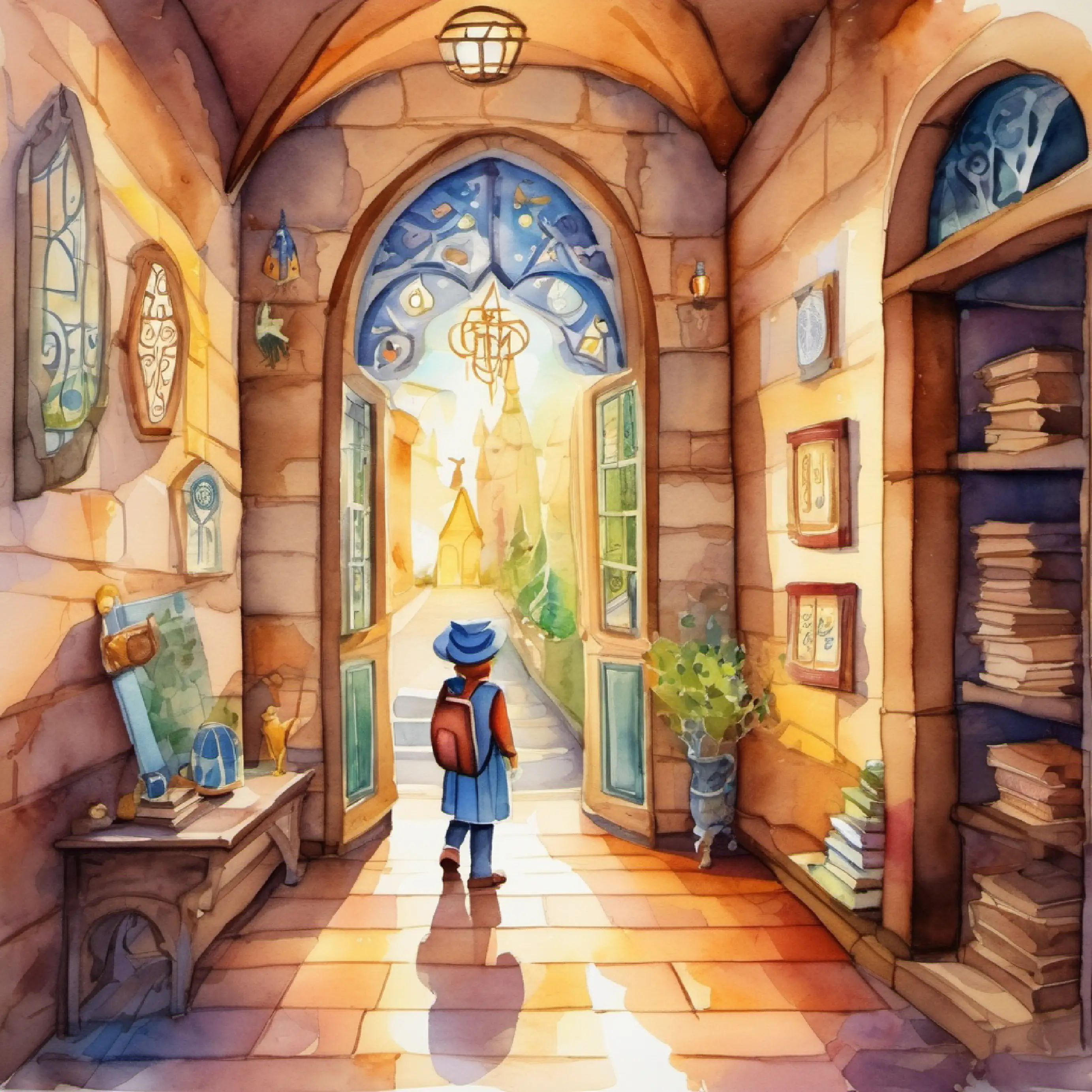 Hallway of magic school with symbols and whispering walls, introduction of owl teacher.