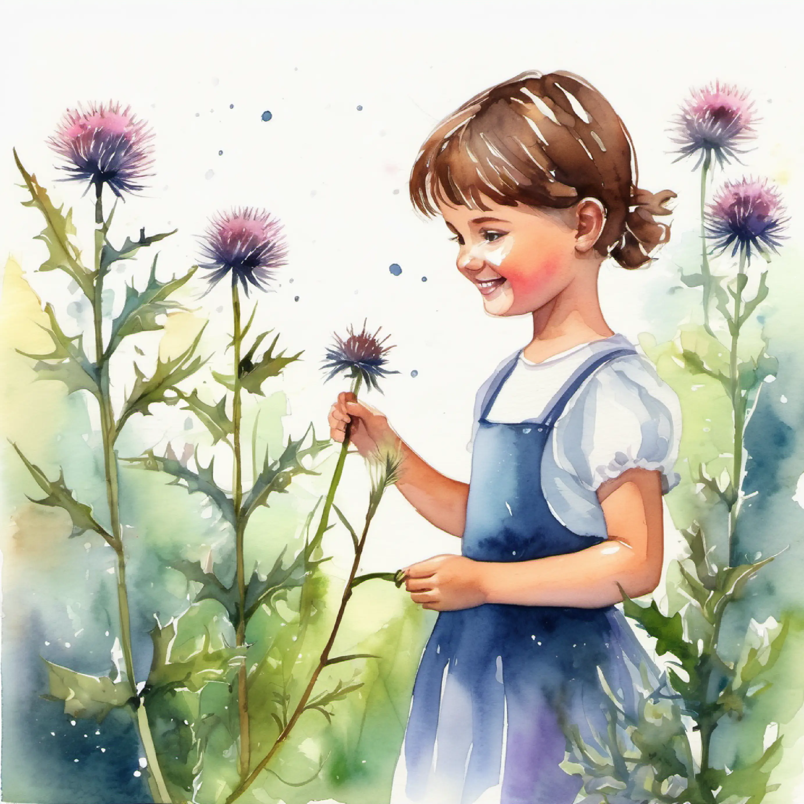 First lesson about magical plants, Girl with bright eyes, friendly smile, short brown hair touches a dancing thistle.