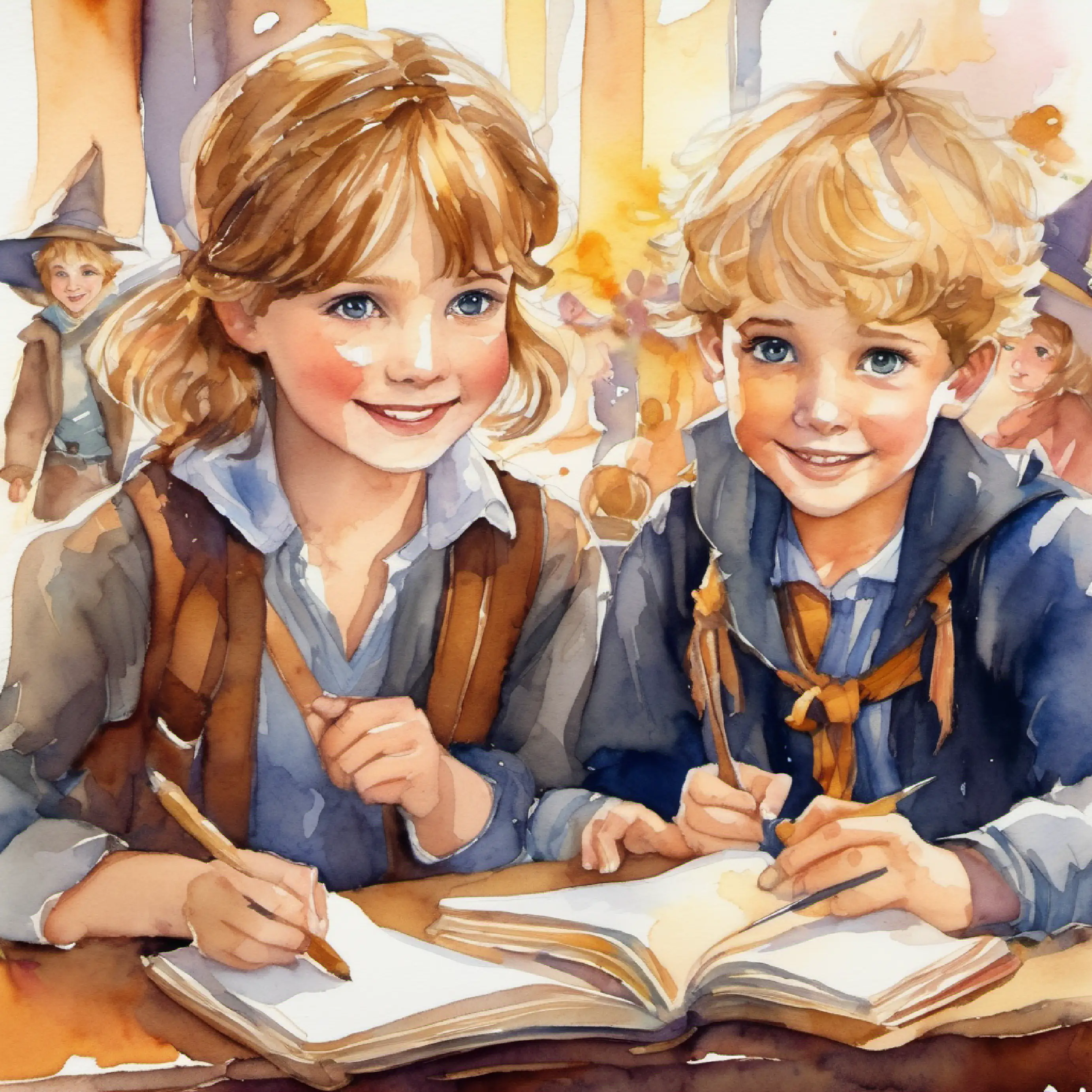 Break time, Girl with bright eyes, friendly smile, short brown hair and Boy with curious gaze, tousled blond hair, cheerful demeanor mingle with young witches and wizards.