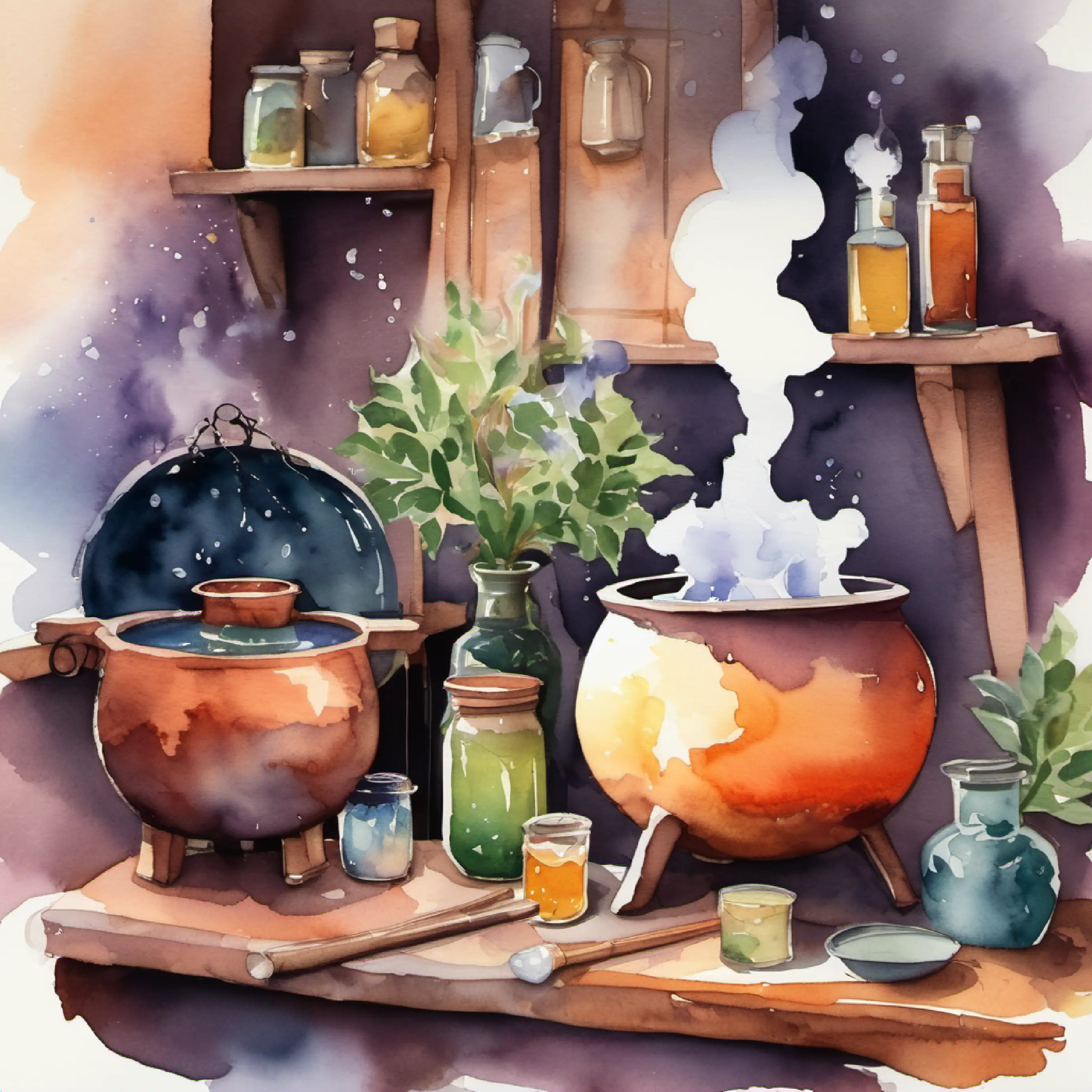 Potion making class with bubbling cauldron and personal brewing pots.