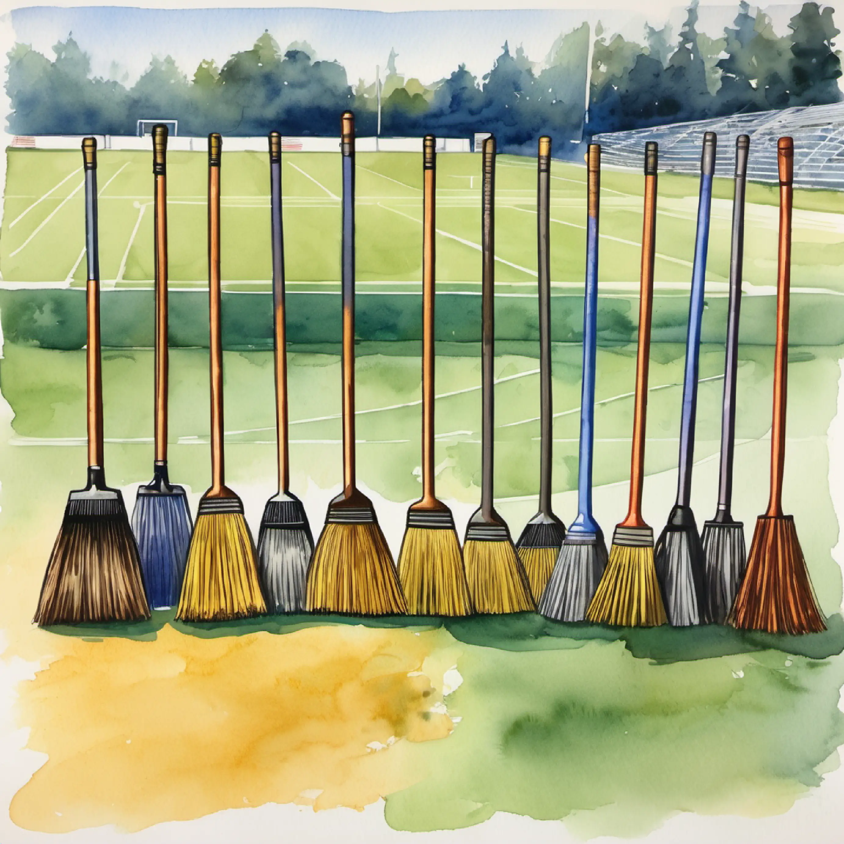 Transition to broom flight class, brooms lined up on sports field.