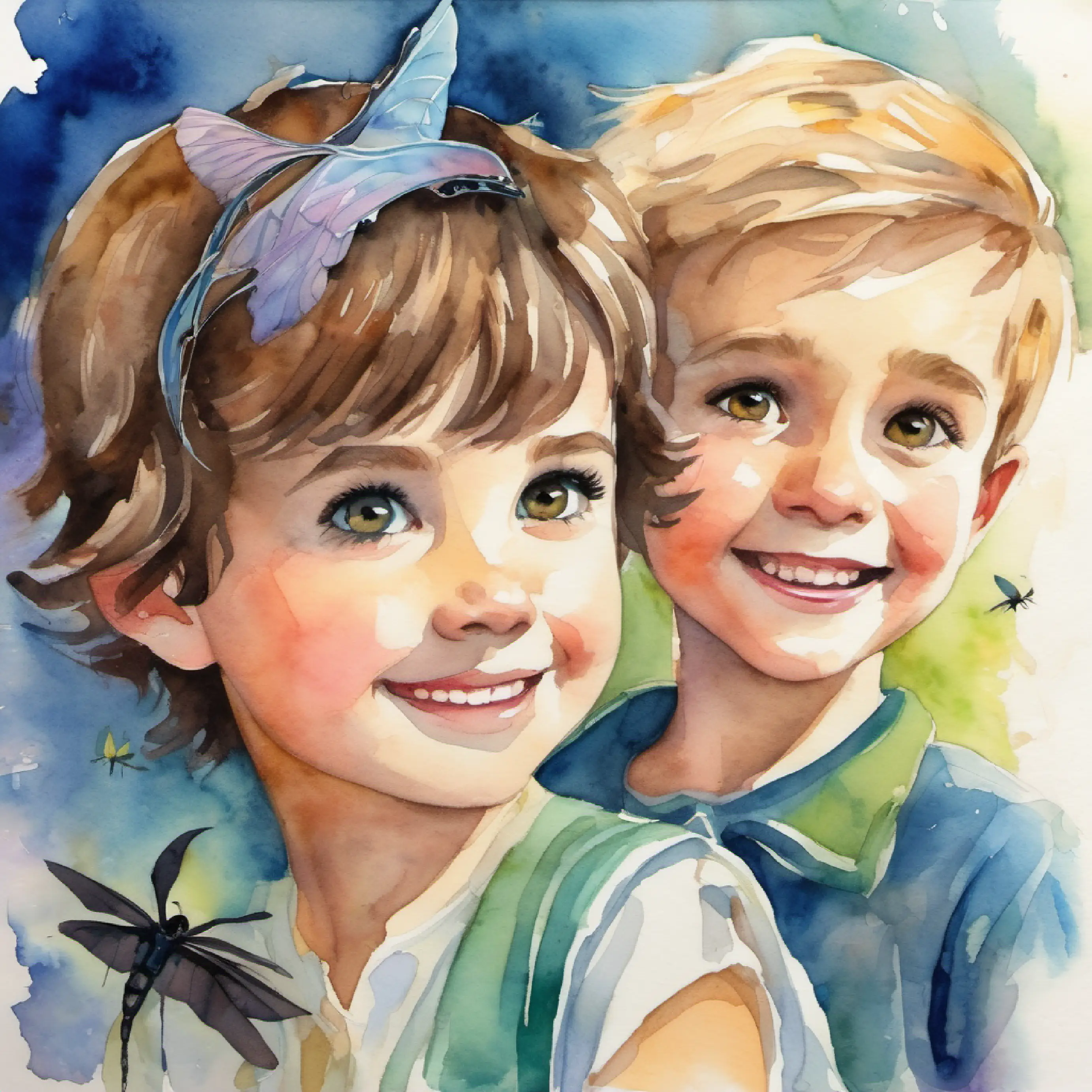 Girl with bright eyes, friendly smile, short brown hair and Boy with curious gaze, tousled blond hair, cheerful demeanor's transformation into a dragonfly and a bat, nervous excitement.