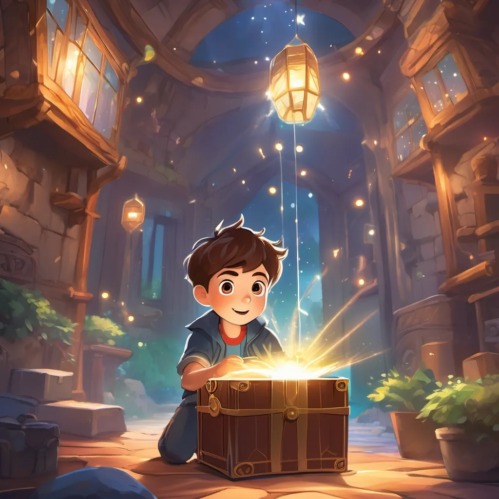 A young boy with a bright, curious face, short brown hair, and big, expressive eyes, ready for adventure opening a glowing, mysterious box marked 'Metaverse Adventures,' with lights and sparkles emanating from it.