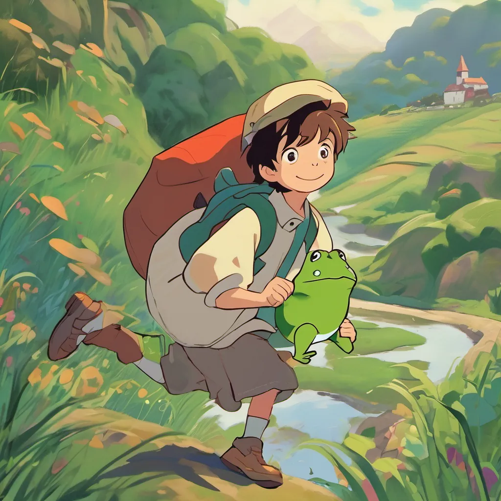 A scene of A young boy with a bright, curious face, short brown hair, and big, expressive eyes, ready for adventure and A friendly green frog wearing a tiny hat, with a cheerful expression and a playful demeanor standing on a hill with the wind blowing gently, giving them a sense of wonder and courage.