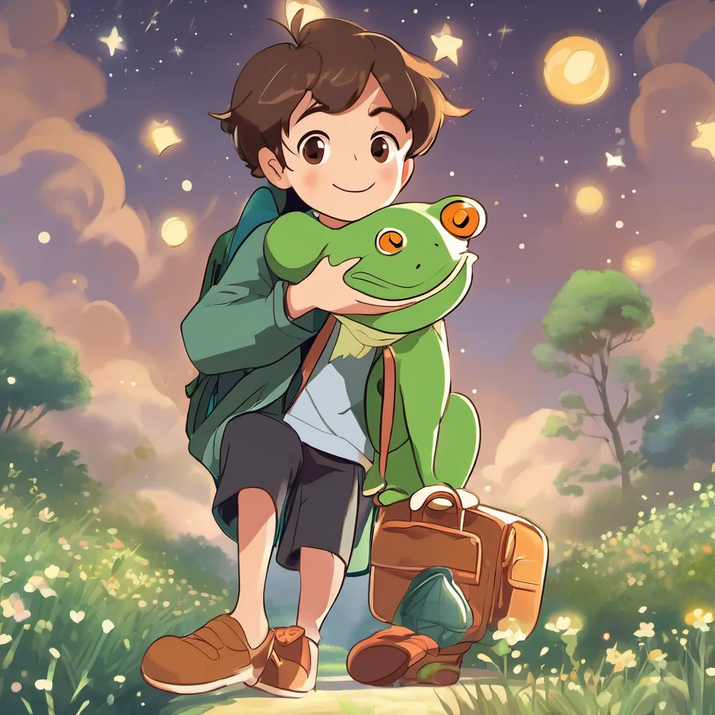 A young boy with a bright, curious face, short brown hair, and big, expressive eyes, ready for adventure returned home, holding A friendly green frog wearing a tiny hat, with a cheerful expression and a playful demeanor the frog in his hand, smiling under a sky filled with sparkling stars.