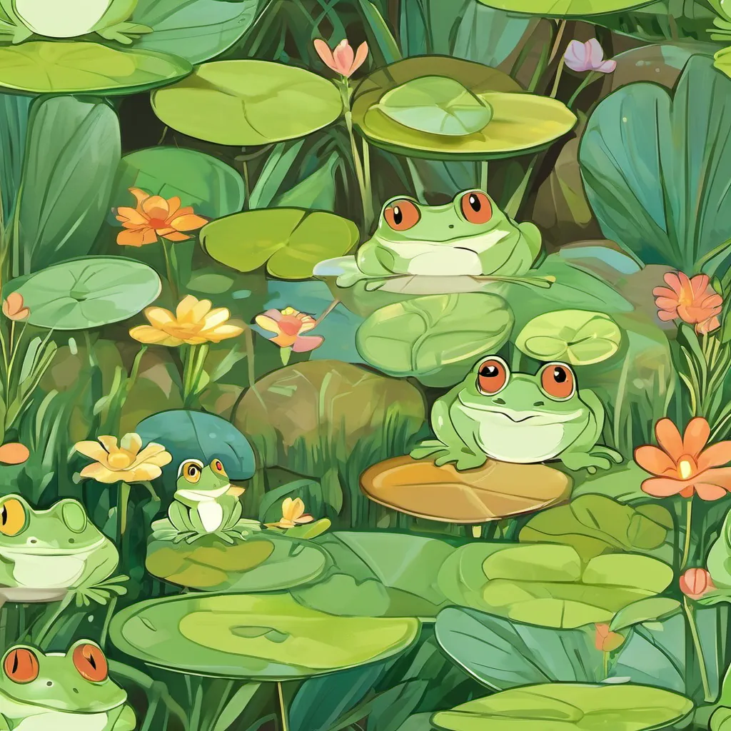 A friendly, green frog named A friendly green frog wearing a tiny hat, with a cheerful expression and a playful demeanor wearing a tiny hat, hopping along a glowing path, guiding A young boy with a bright, curious face, short brown hair, and big, expressive eyes, ready for adventure.