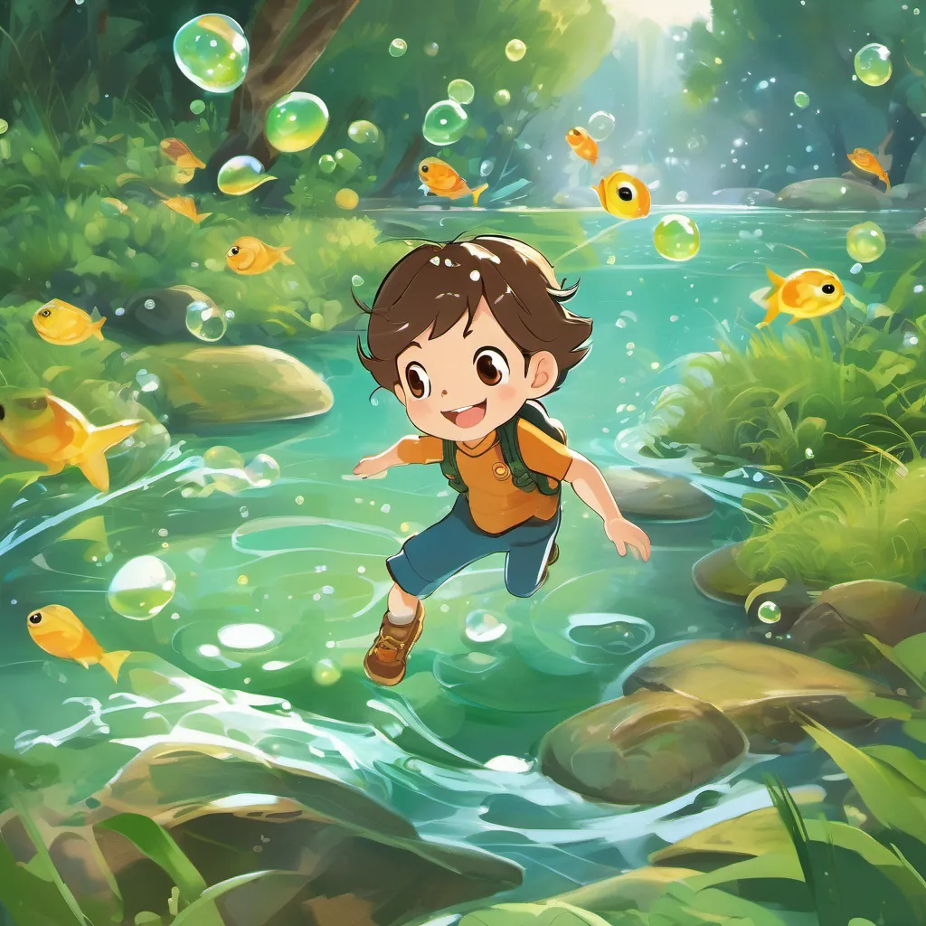 A sparkling stream with flying fish and shimmering bubbles, where A young boy with a bright, curious face, short brown hair, and big, expressive eyes, ready for adventure and A friendly green frog wearing a tiny hat, with a cheerful expression and a playful demeanor are jumping, causing cheerful ripples.