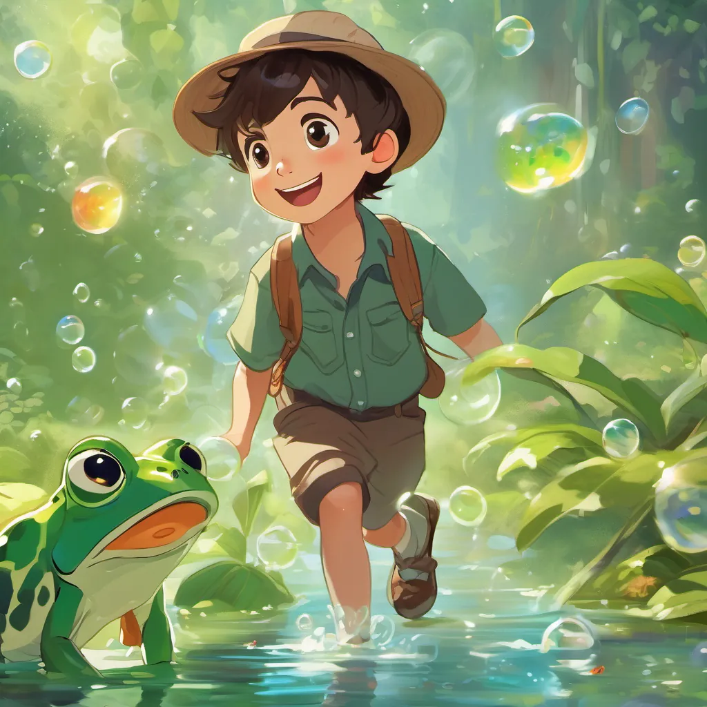 A young boy with a bright, curious face, short brown hair, and big, expressive eyes, ready for adventure and A friendly green frog wearing a tiny hat, with a cheerful expression and a playful demeanor playing with giant, iridescent bubbles that float and shine, their laughter echoing around.