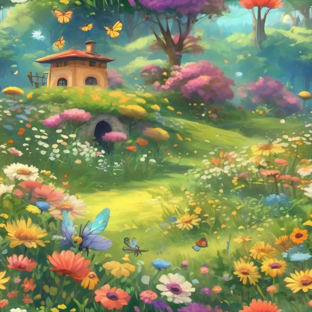 A magical meadow filled with giggling flowers, buzzing bees, and colorful butterflies.