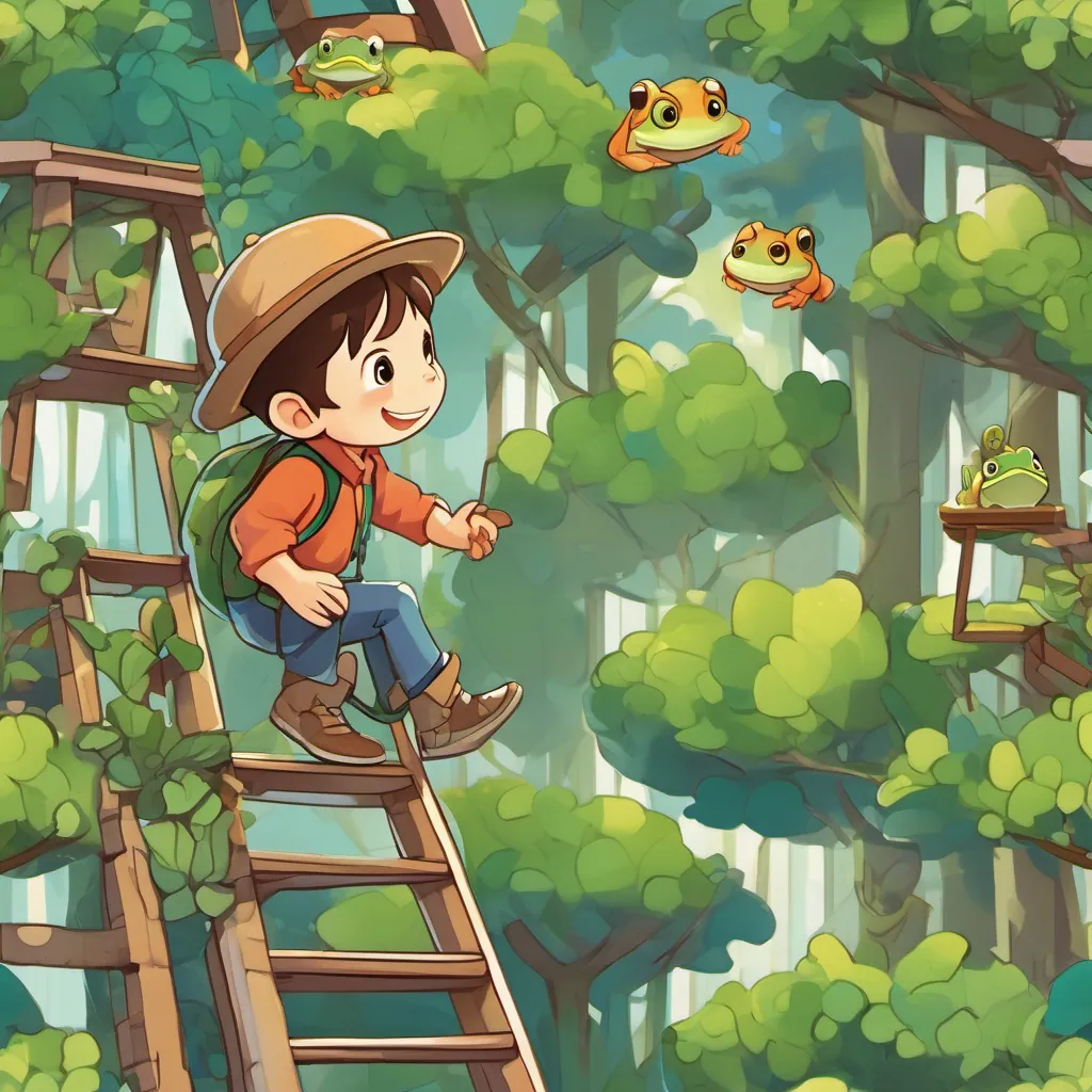 A young boy with a bright, curious face, short brown hair, and big, expressive eyes, ready for adventure and A friendly green frog wearing a tiny hat, with a cheerful expression and a playful demeanor climbing a ladder of a tree, which shows puzzle pieces on its bark, with the steps singing melodious tunes.