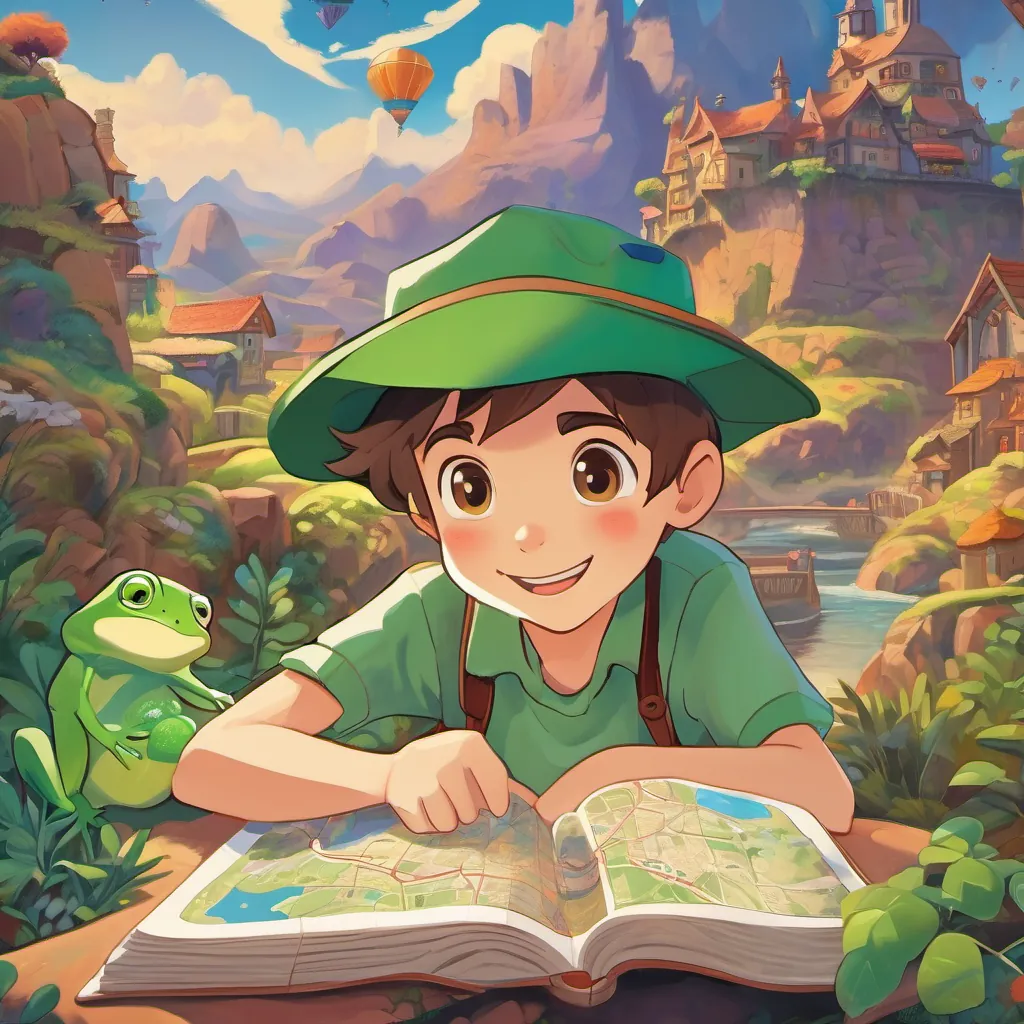 A young boy with a bright, curious face, short brown hair, and big, expressive eyes, ready for adventure reading the glowing book with A friendly green frog wearing a tiny hat, with a cheerful expression and a playful demeanor, with awe and excitement. The map inside shows various adventurous locations within the Metaverse.