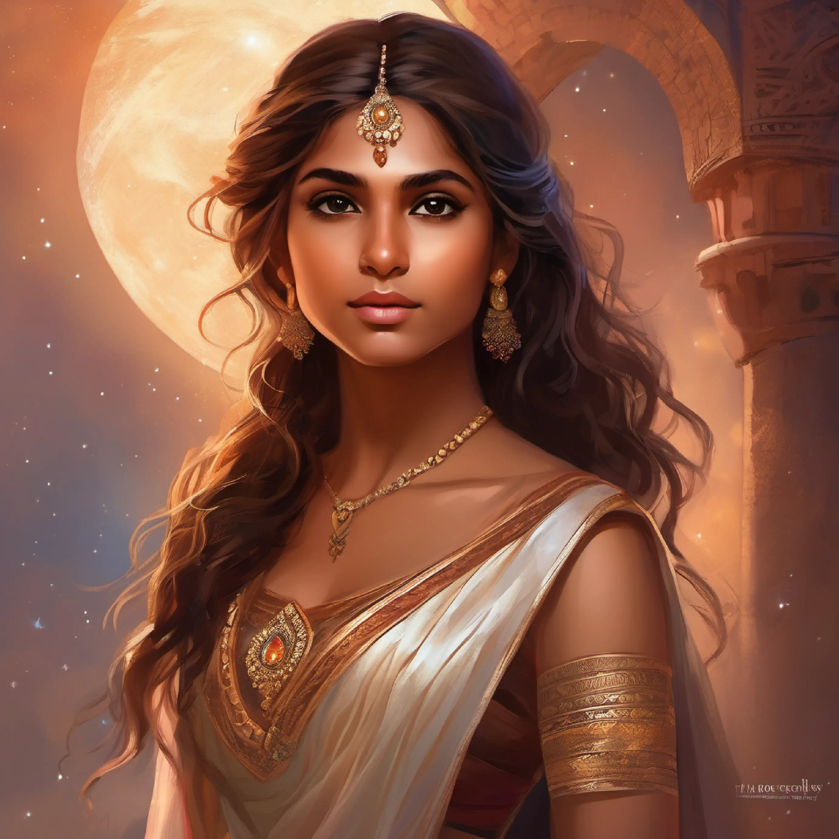 Indian girl, very fair skin color, medium length brown wavy hair, warm brown eyes, poised demeanor contemplating her attire choice for prom, feeling a mix of emotions.