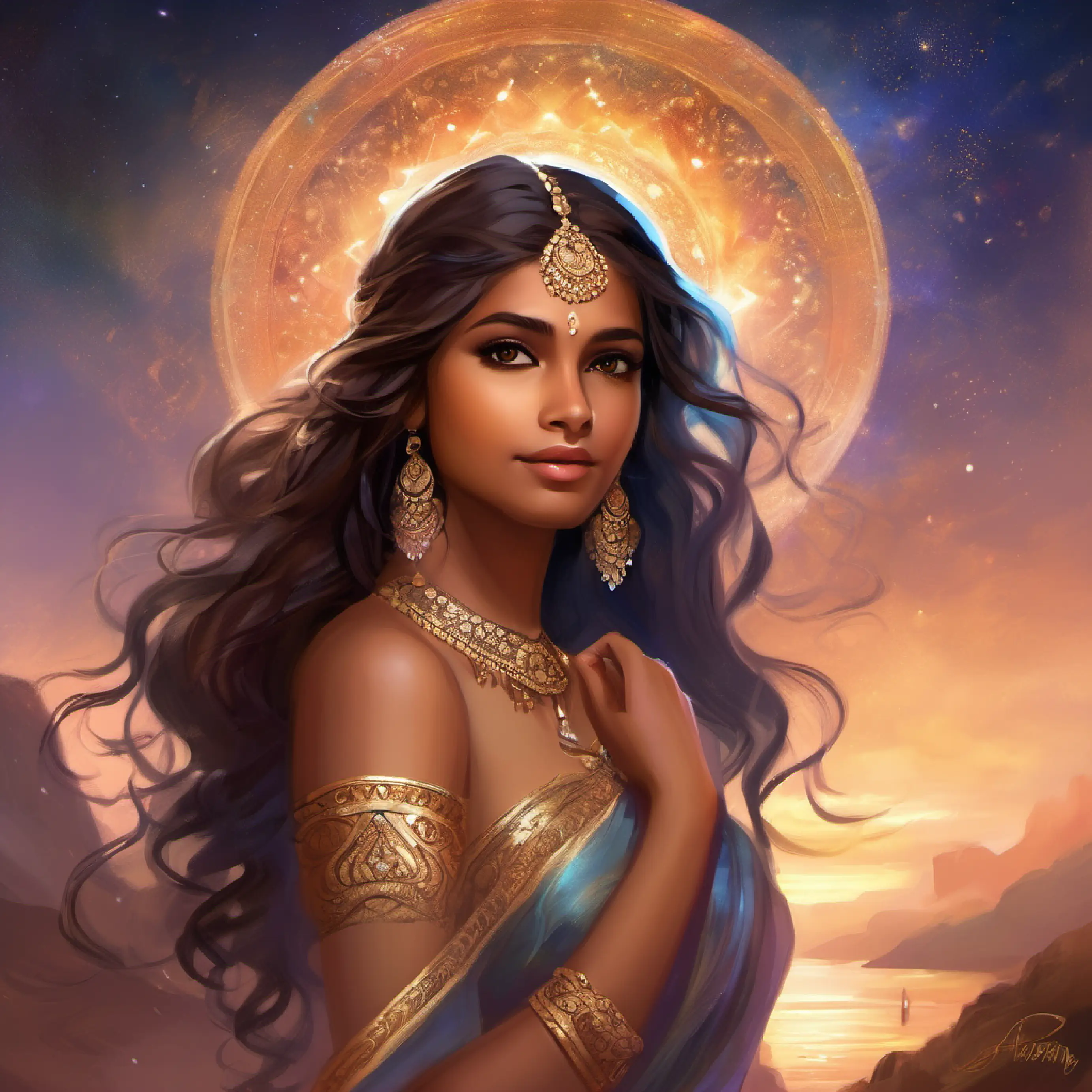 Indian girl, very fair skin color, medium length brown wavy hair, warm brown eyes, poised demeanor contemplating her attire choice for prom, meeting her friends and her date Rohan mix of emotions.