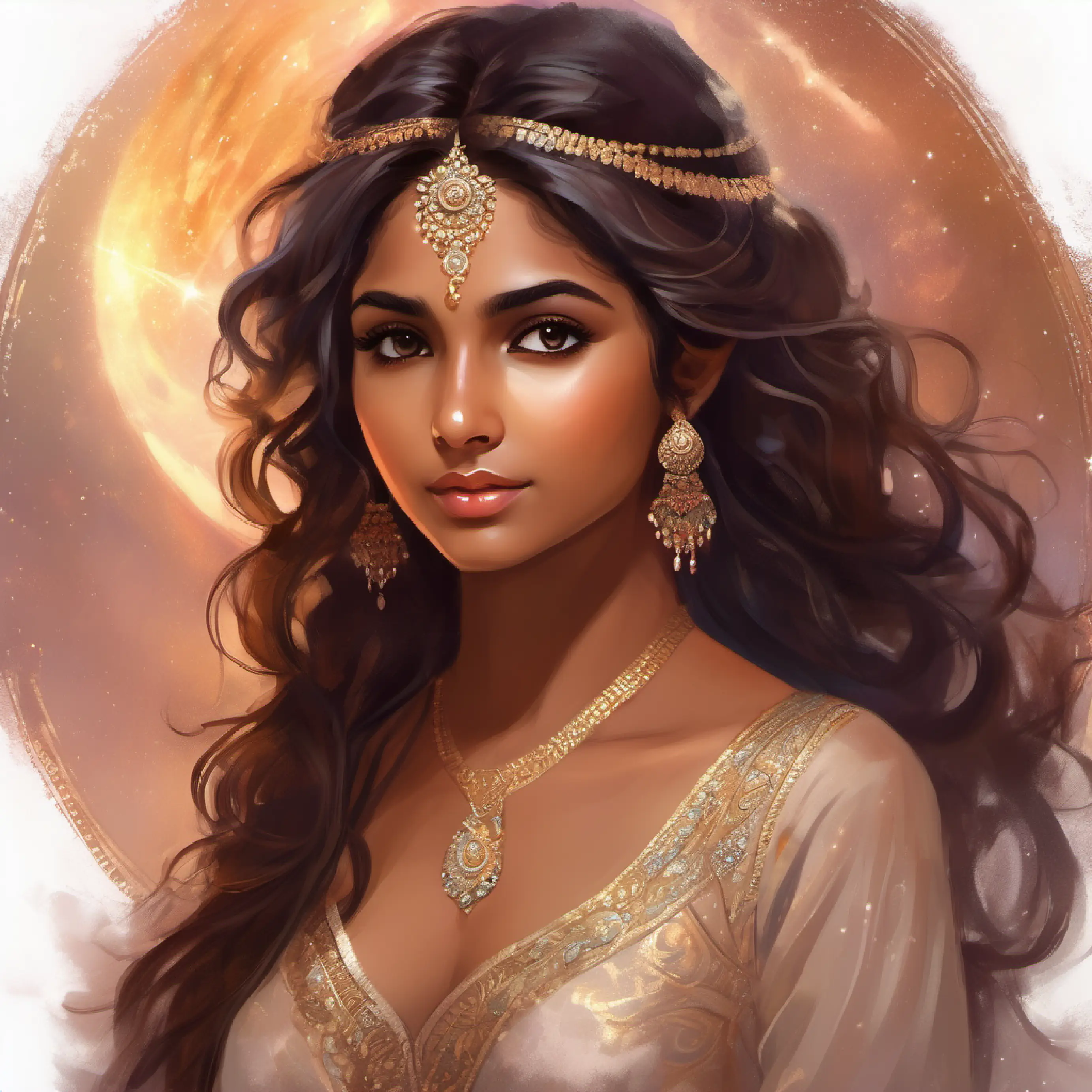 Indian girl, very fair skin color, medium length brown wavy hair, warm brown eyes, poised demeanor contemplating her attire choice for prom, her date mesmerised by her look