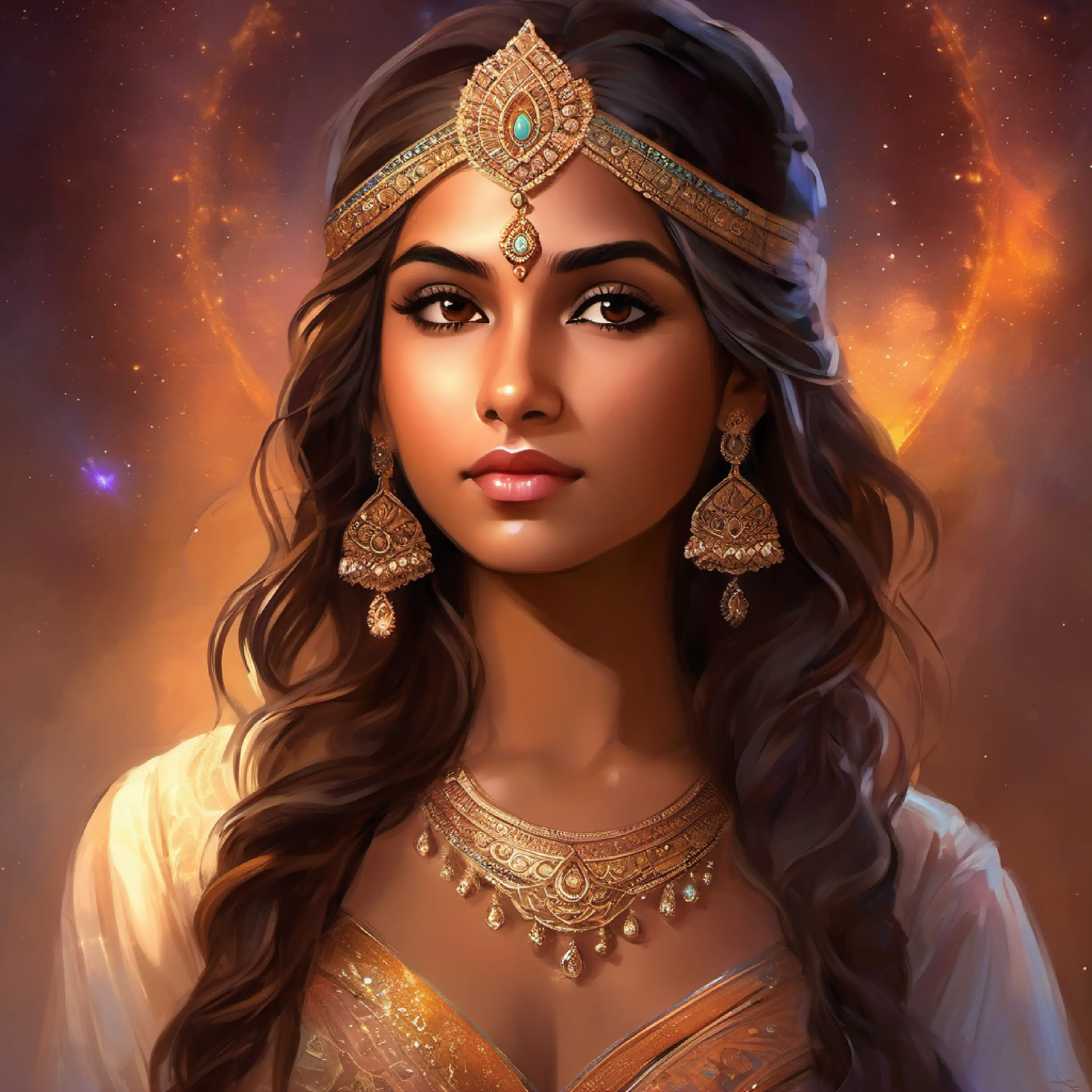 Indian girl, very fair skin color, medium length brown wavy hair, warm brown eyes, poised demeanor contemplating her attire choice for prom, feeling a mix of emotions.