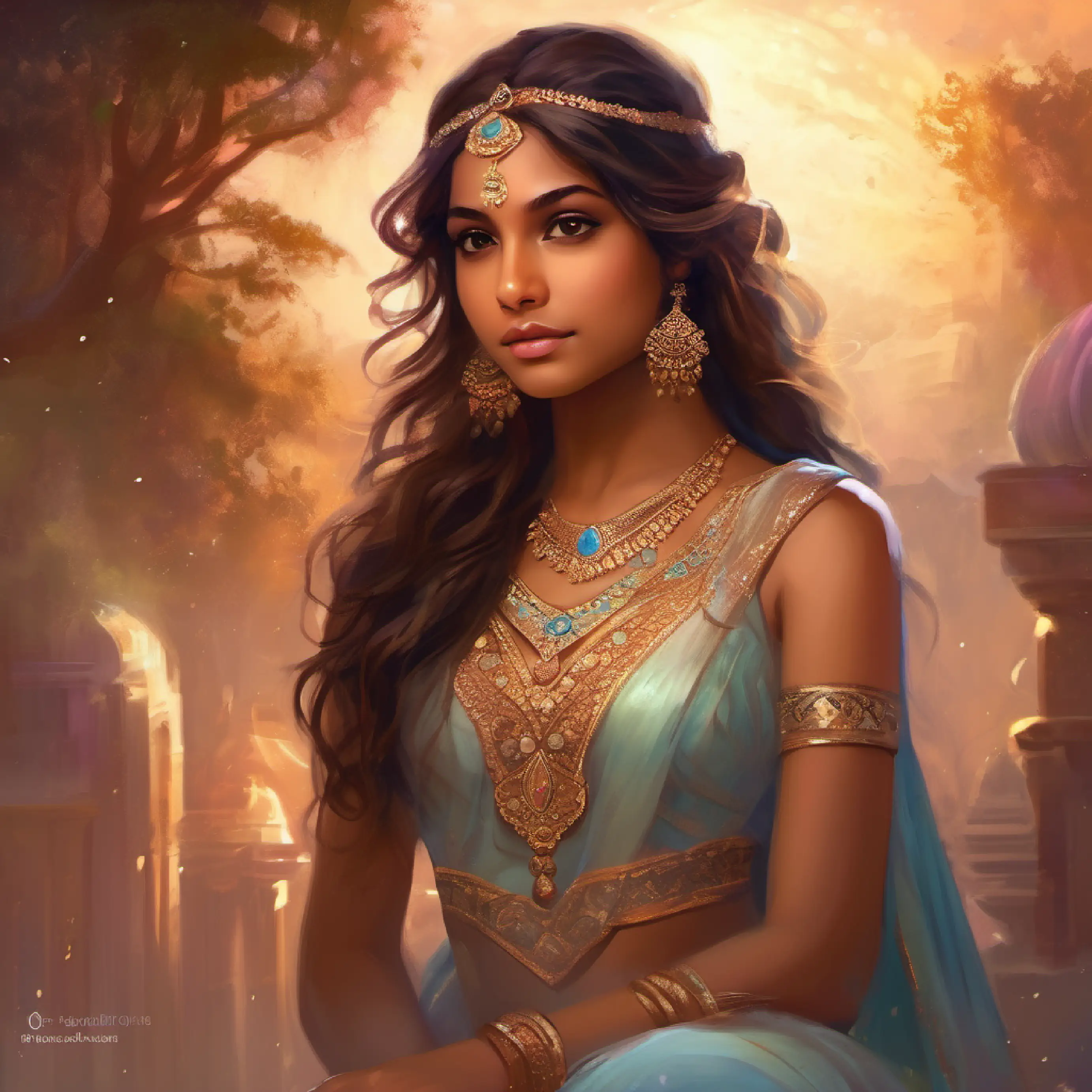 Indian girl, very fair skin color, medium length brown wavy hair, warm brown eyes, poised demeanor contemplating her attire choice for prom, feeling a mix of emotions.