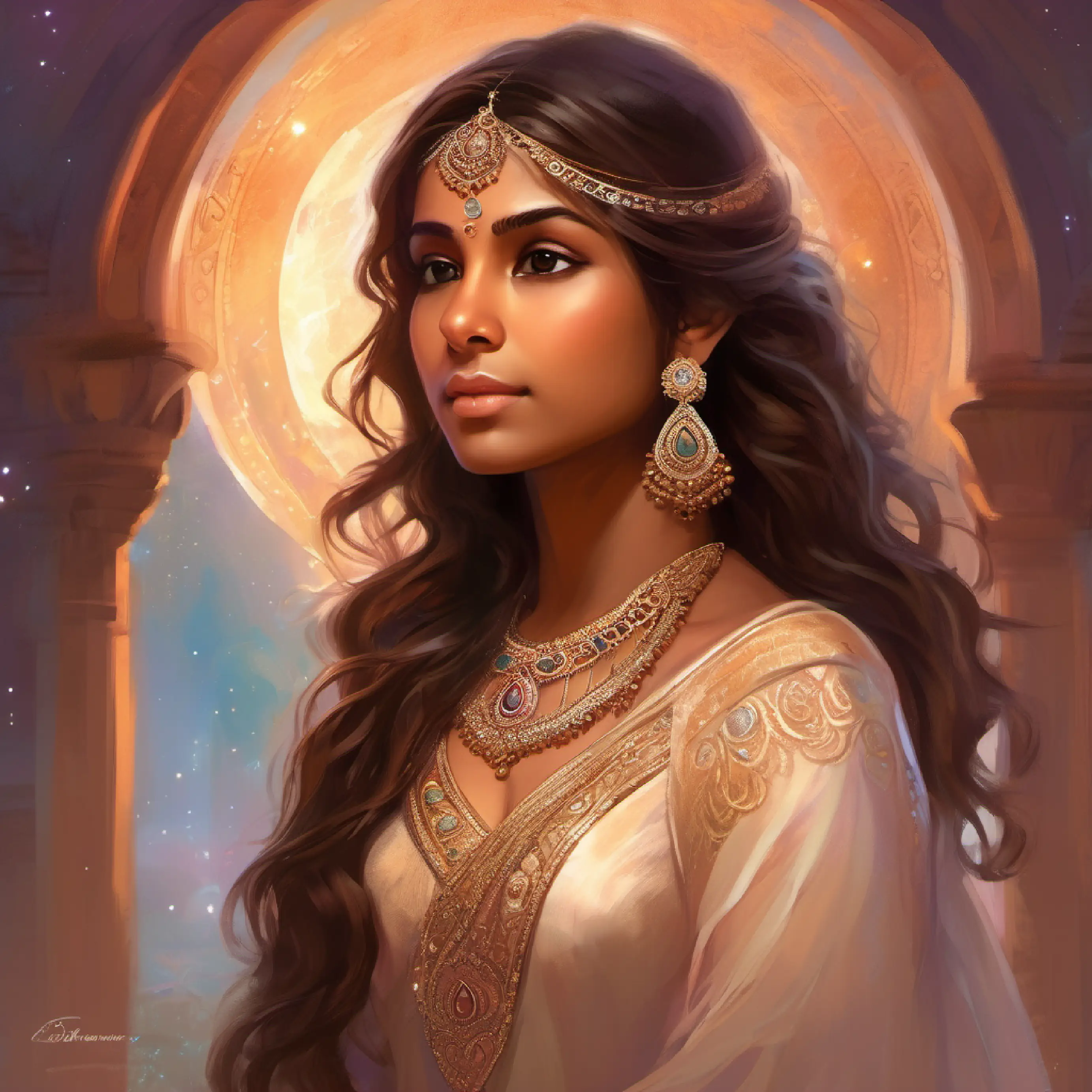 Indian girl, very fair skin color, medium length brown wavy hair, warm brown eyes, poised demeanor contemplating her attire choice for prom, checking with her mother