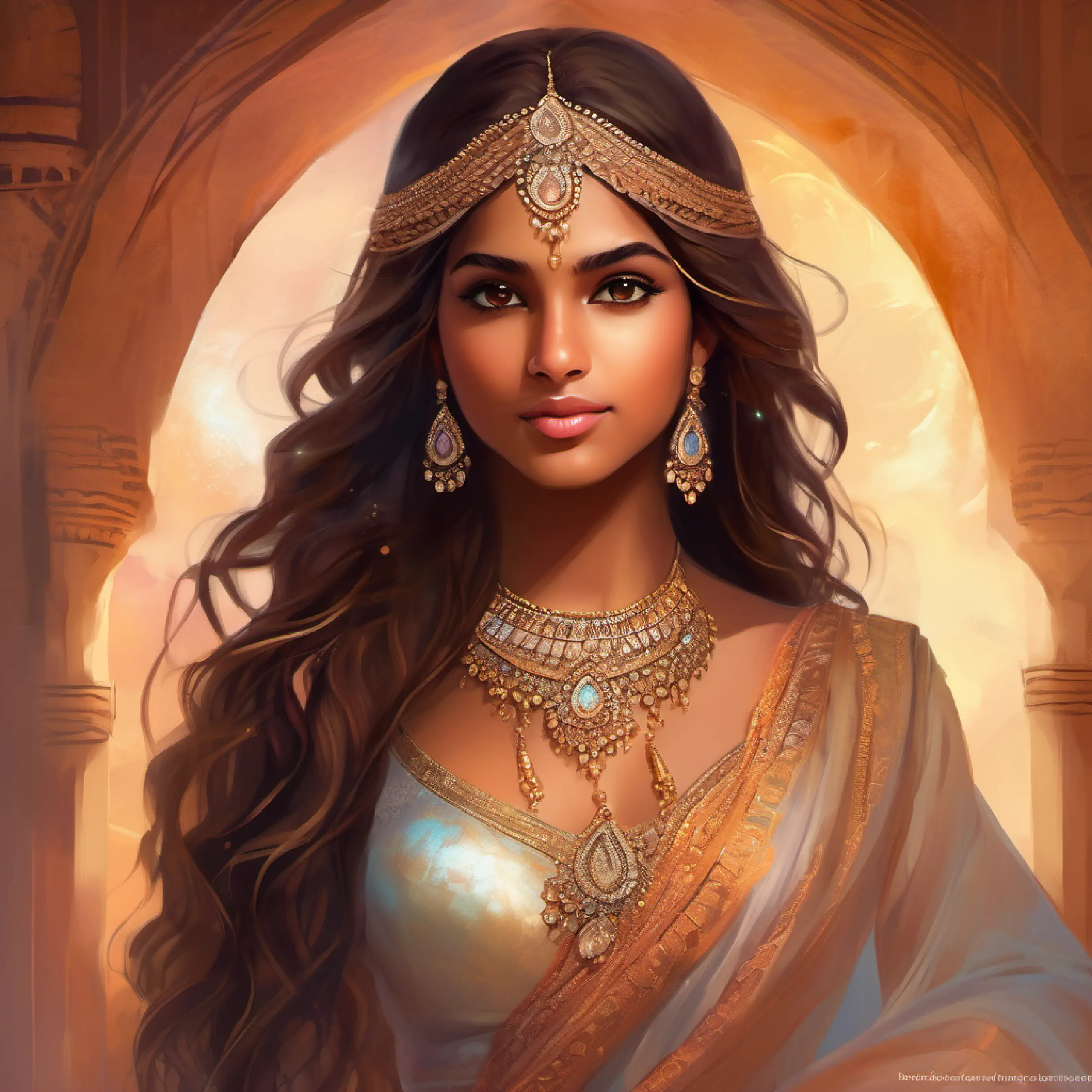 Indian girl, very fair skin color, medium length brown wavy hair, warm brown eyes, poised demeanor contemplating her attire choice for prom, feeling a mix of emotions.