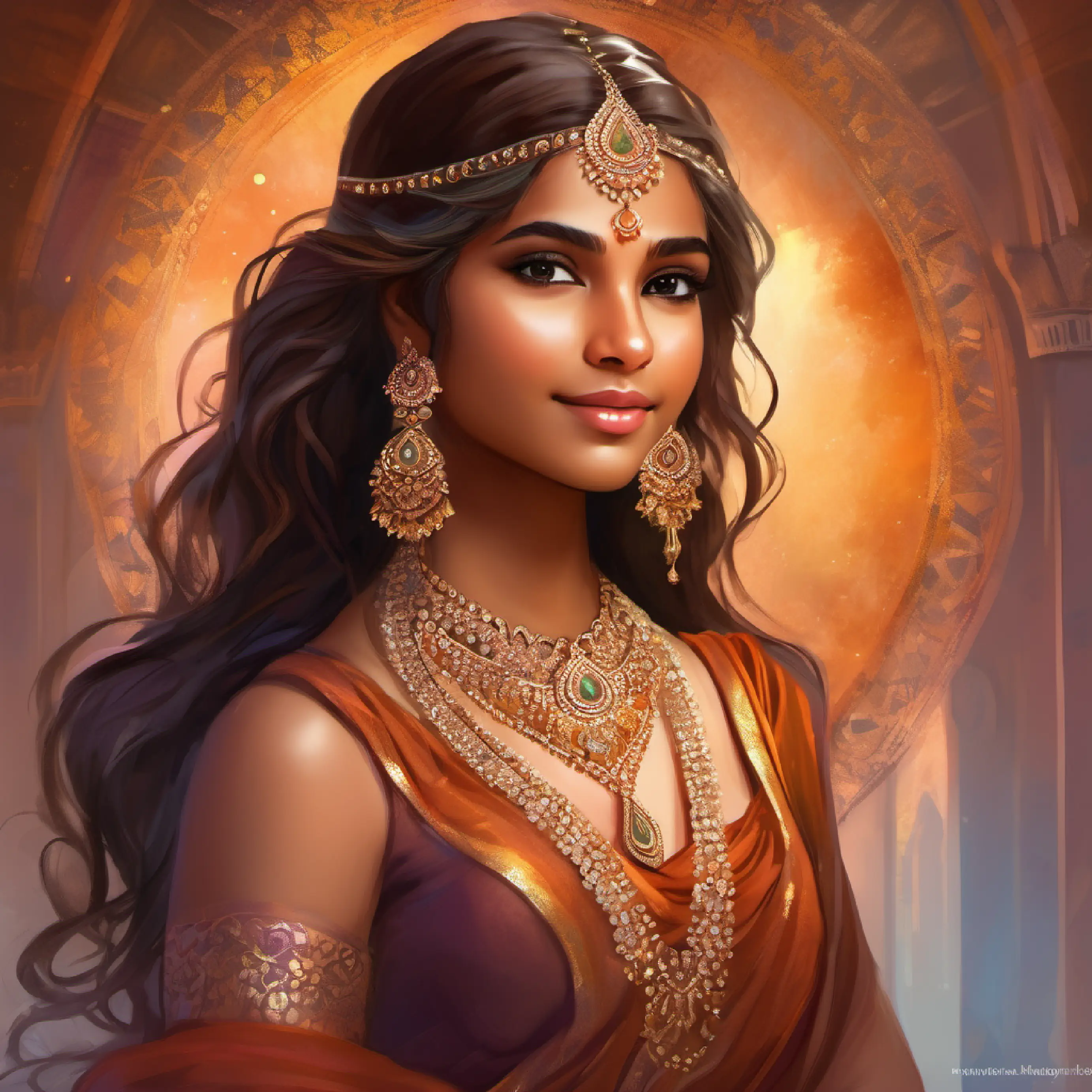 Indian girl, very fair skin color, medium length brown wavy hair, warm brown eyes, poised demeanor contemplating her attire choice for prom, happy and smiling.